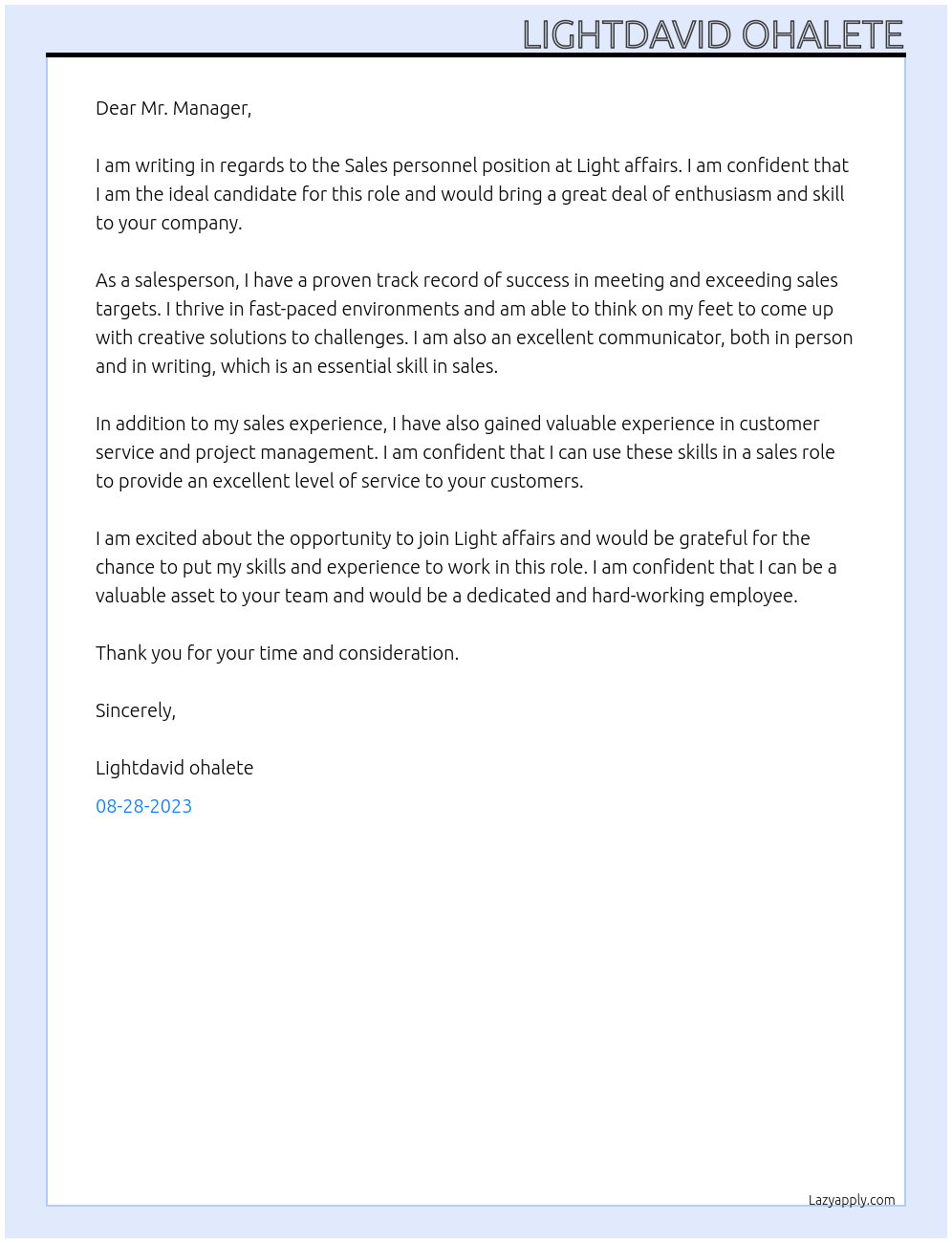 Sales personnel At Light affairs Cover Letter