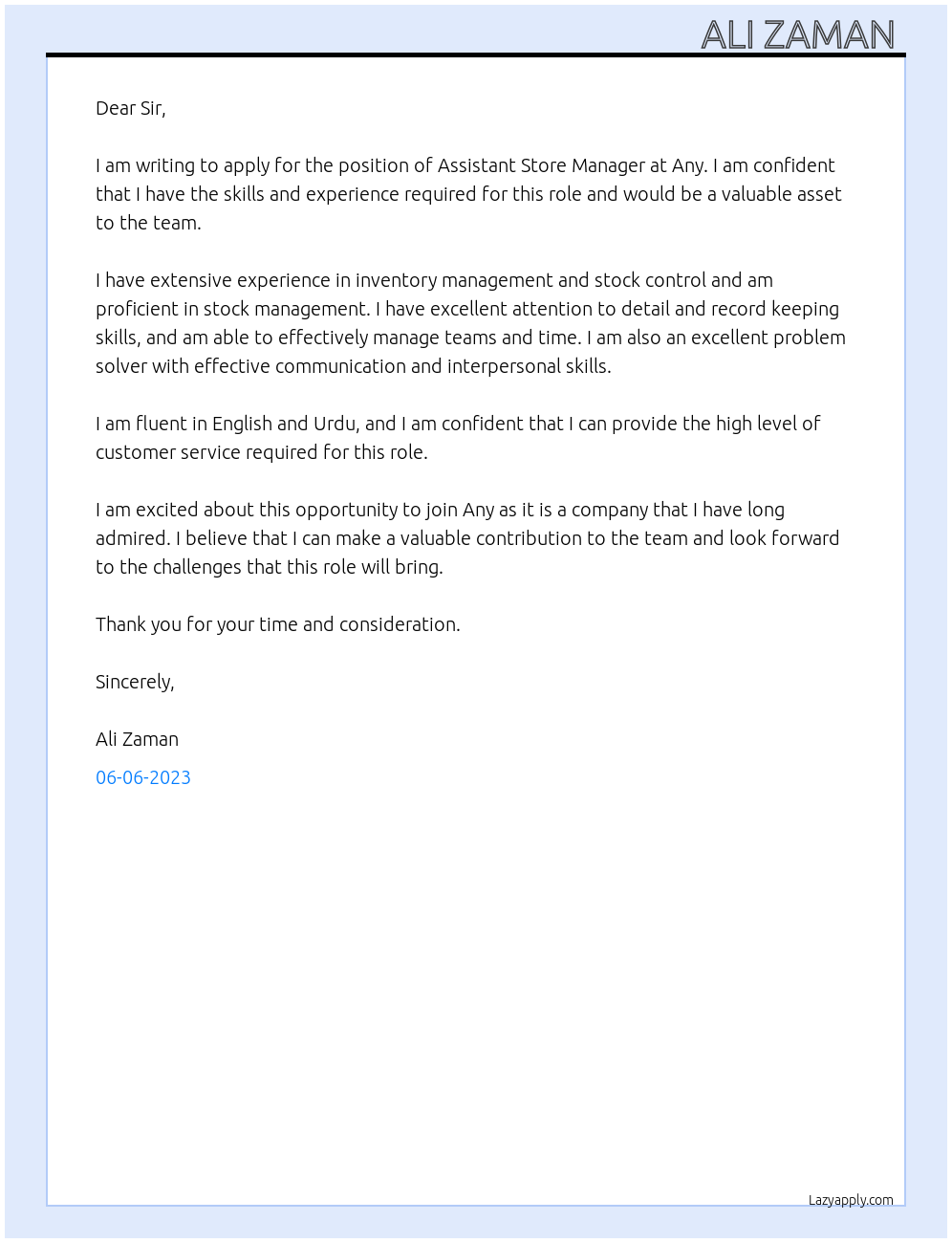 assistant store manager At any Cover Letter