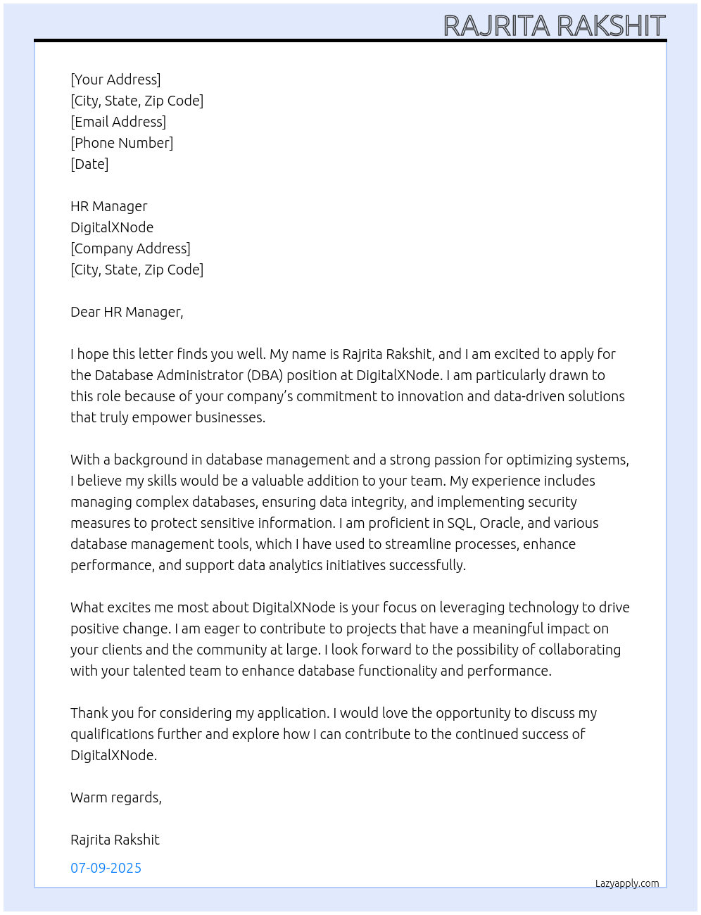 DBA At DigitalXNode Cover Letter