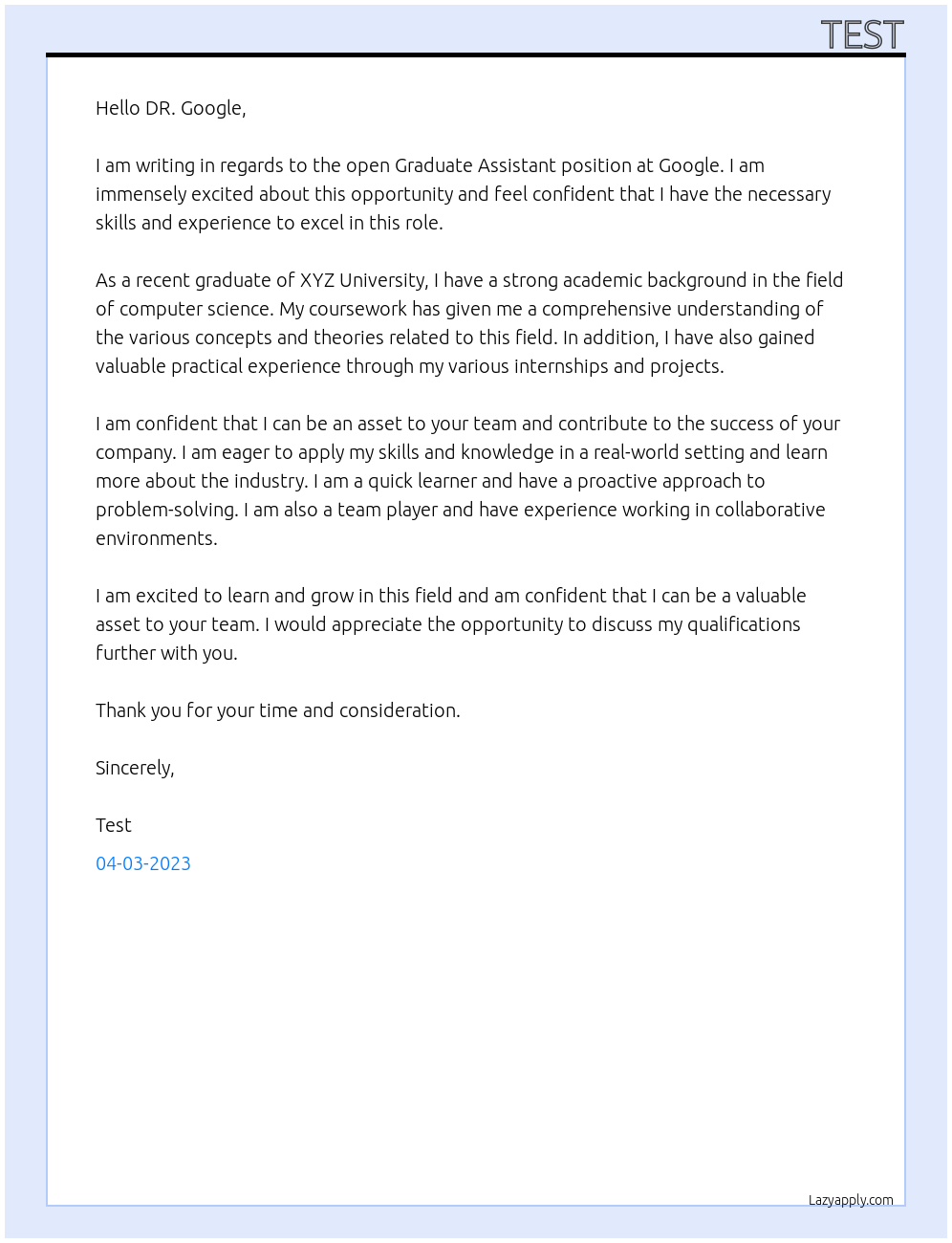 Graduate Assistant At Google Cover Letter