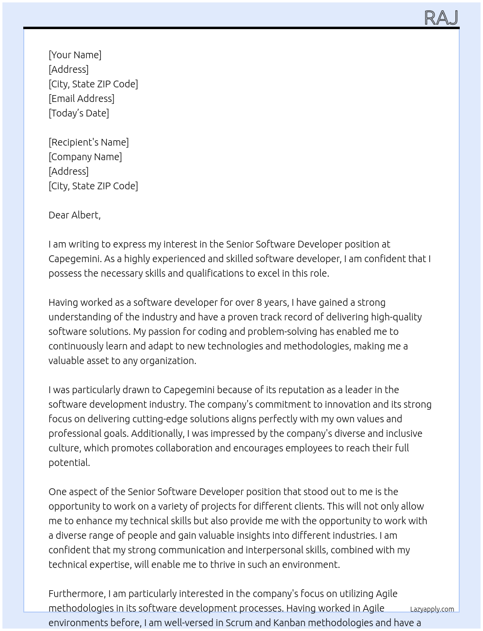 senior software developer At capegemini Cover Letter