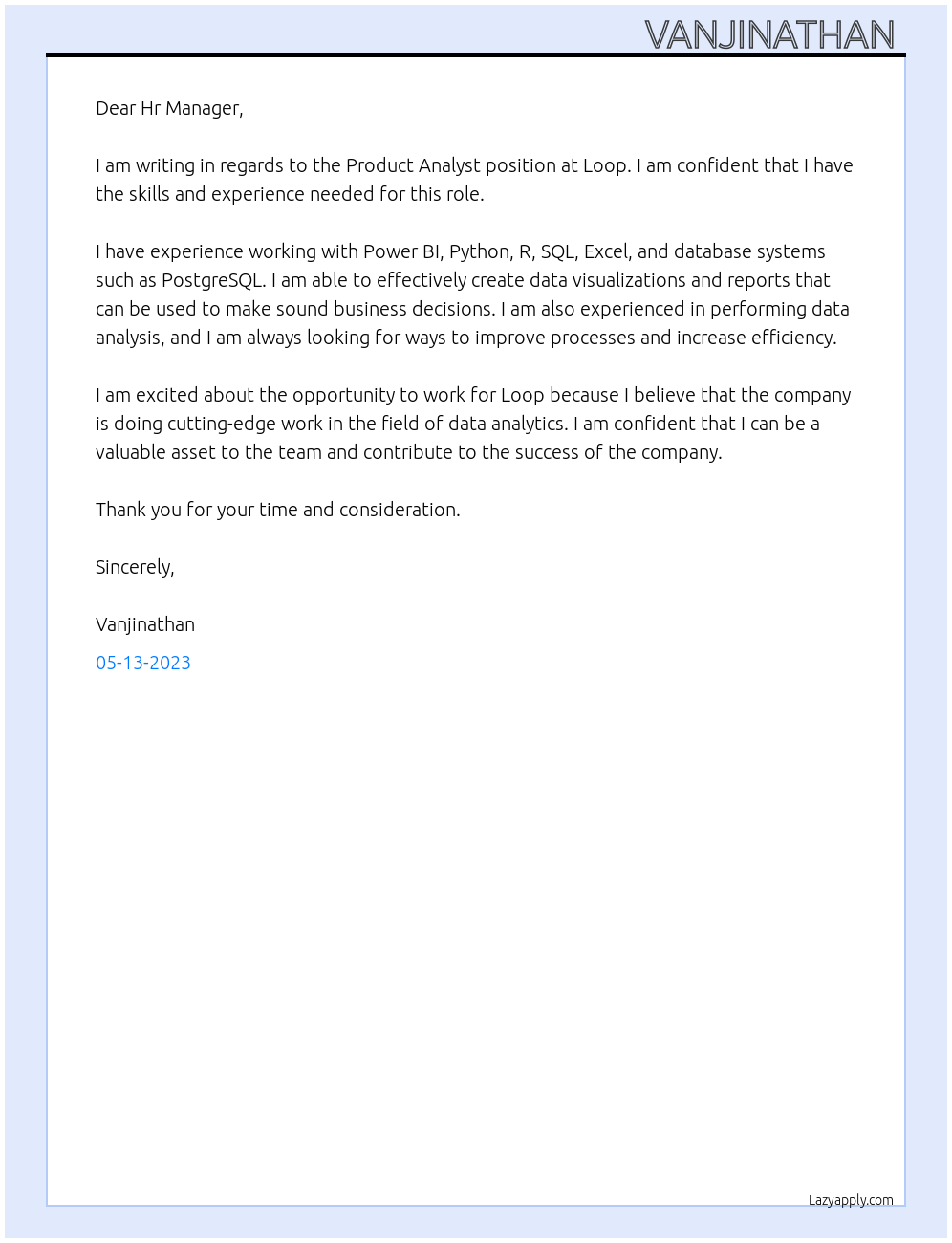 Product Analyst At Loop Cover Letter