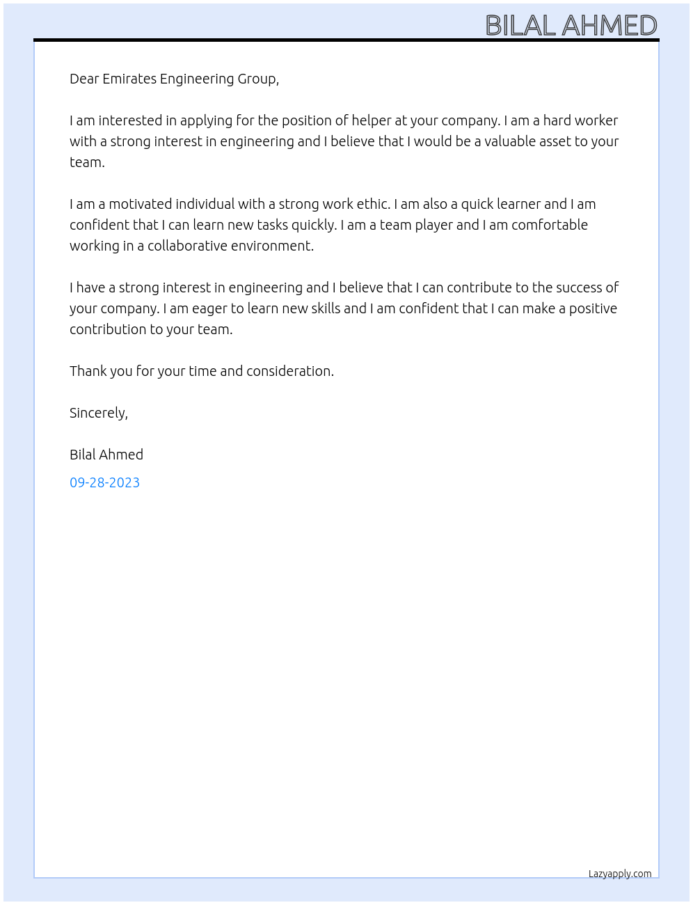 Helper At Emirates Engineering Group Cover Letter