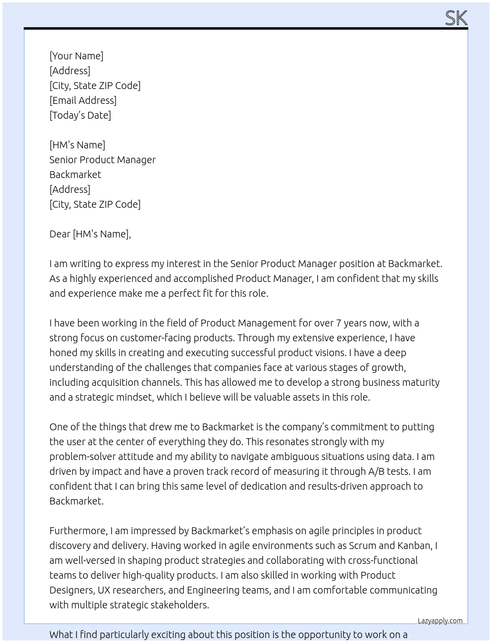 Senior Product Manager At Backmarket Cover Letter