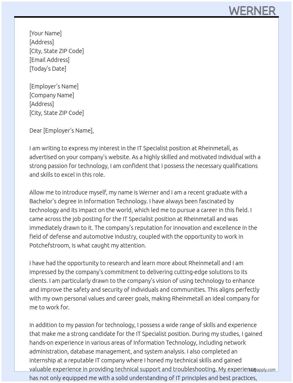 IT Specialist At Rheinmetall Cover Letter