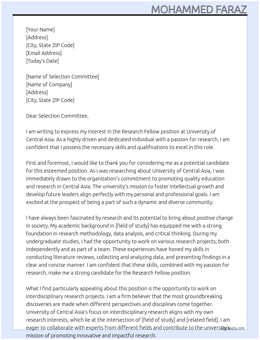 Research fellow At University of Central Asia Cover Letter