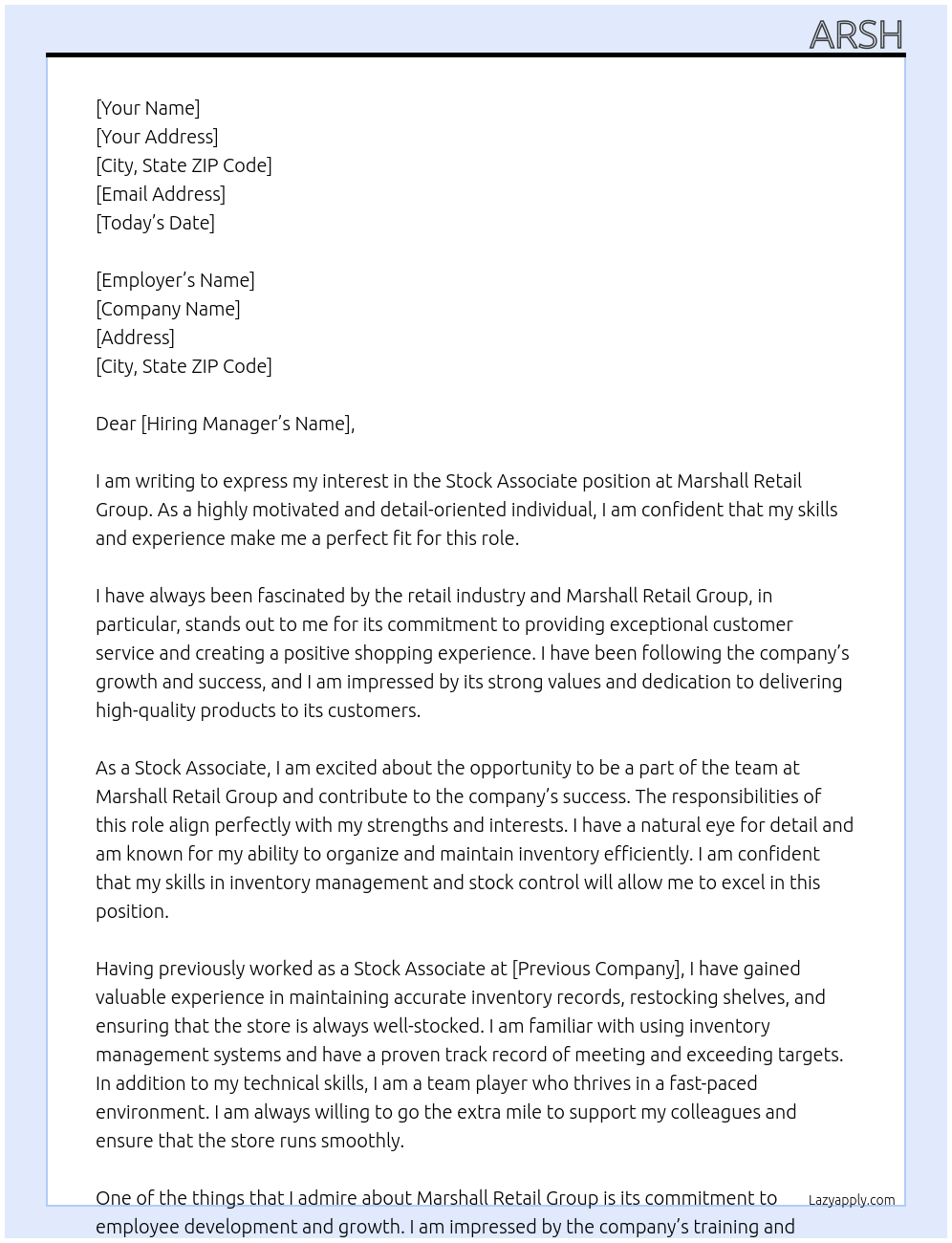 Stock Associate At Marshall Retail Group Cover Letter