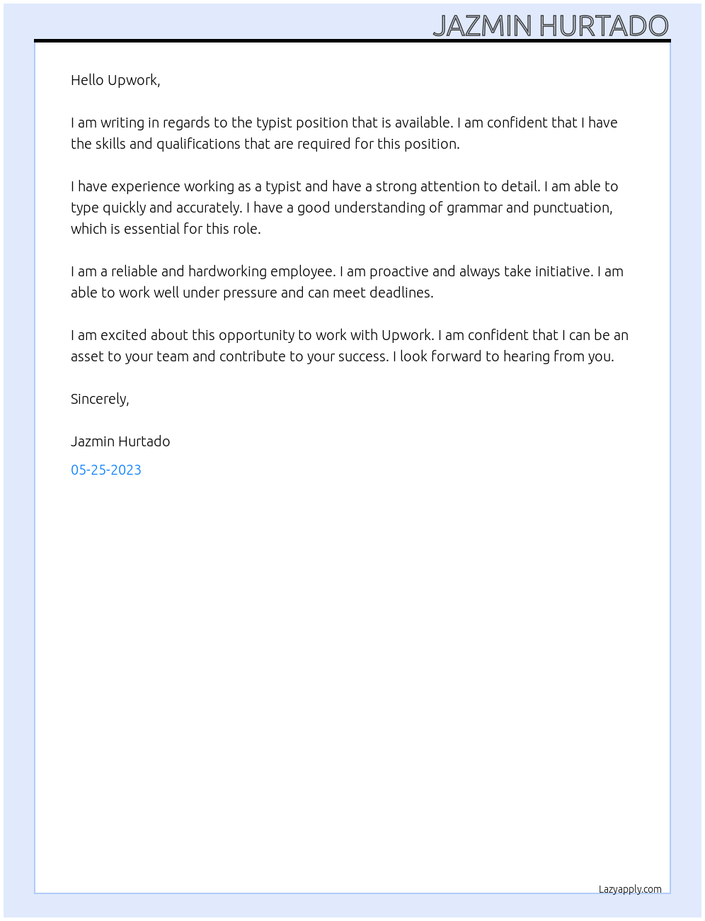 Typist At Upwork Cover Letter