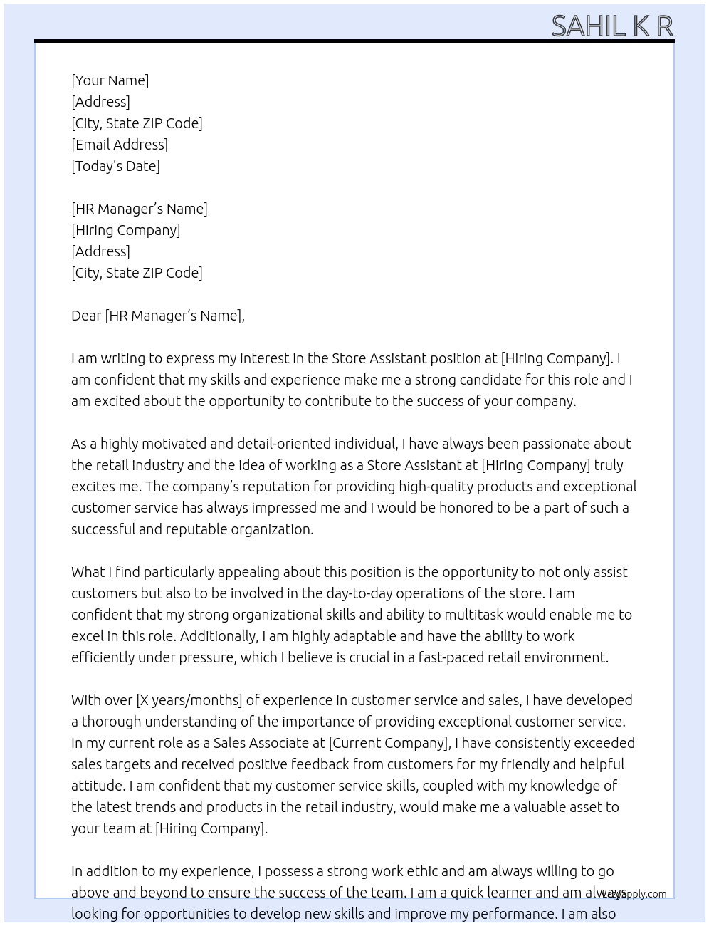 Store assistant At Hiring Cover Letter