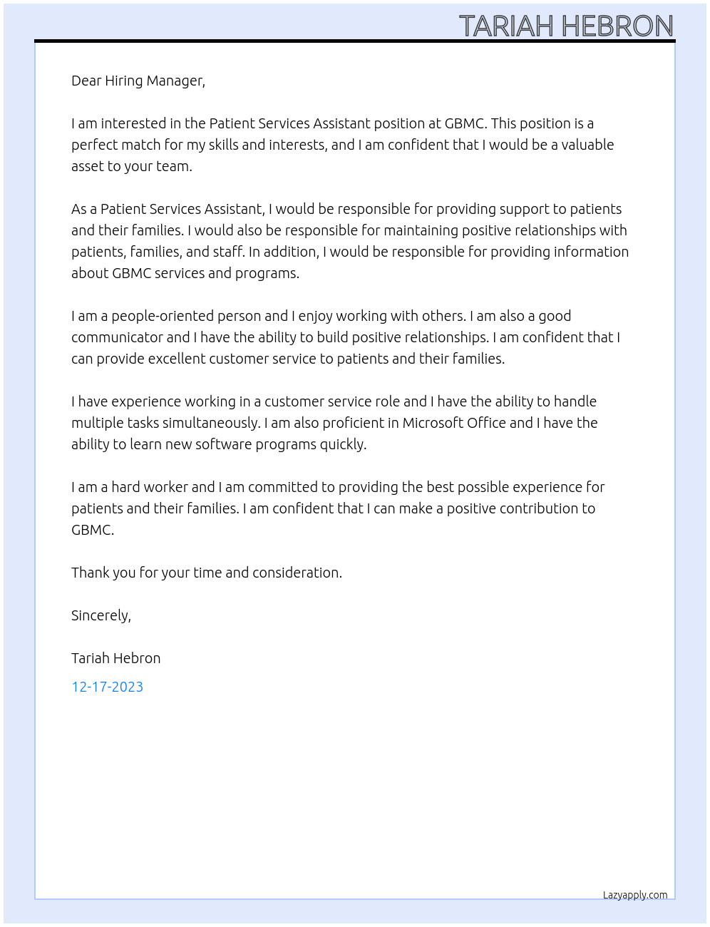 Patient Services Assistant At GBMC Cover Letter