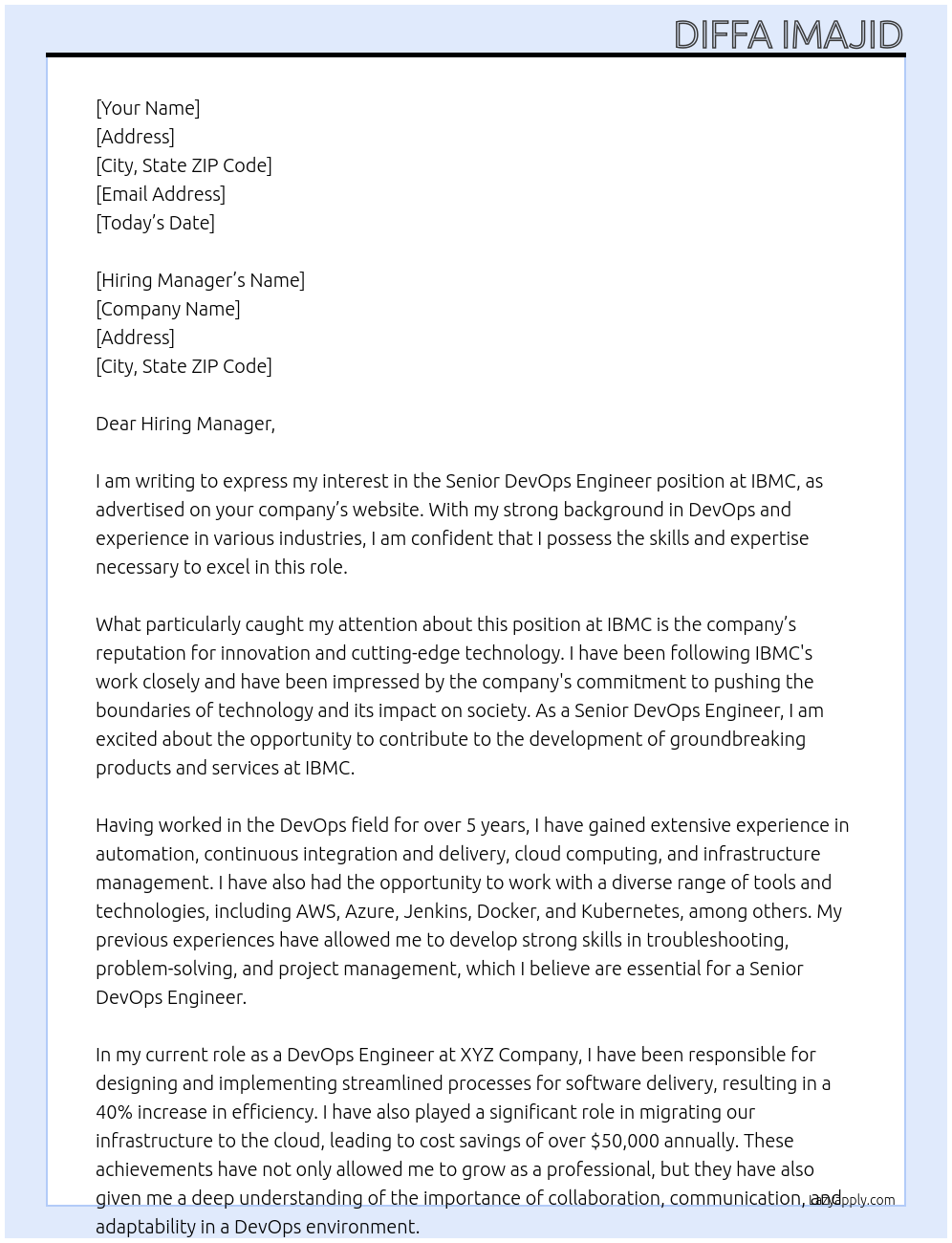 Senior DevOps Engineer At IBMC Cover Letter