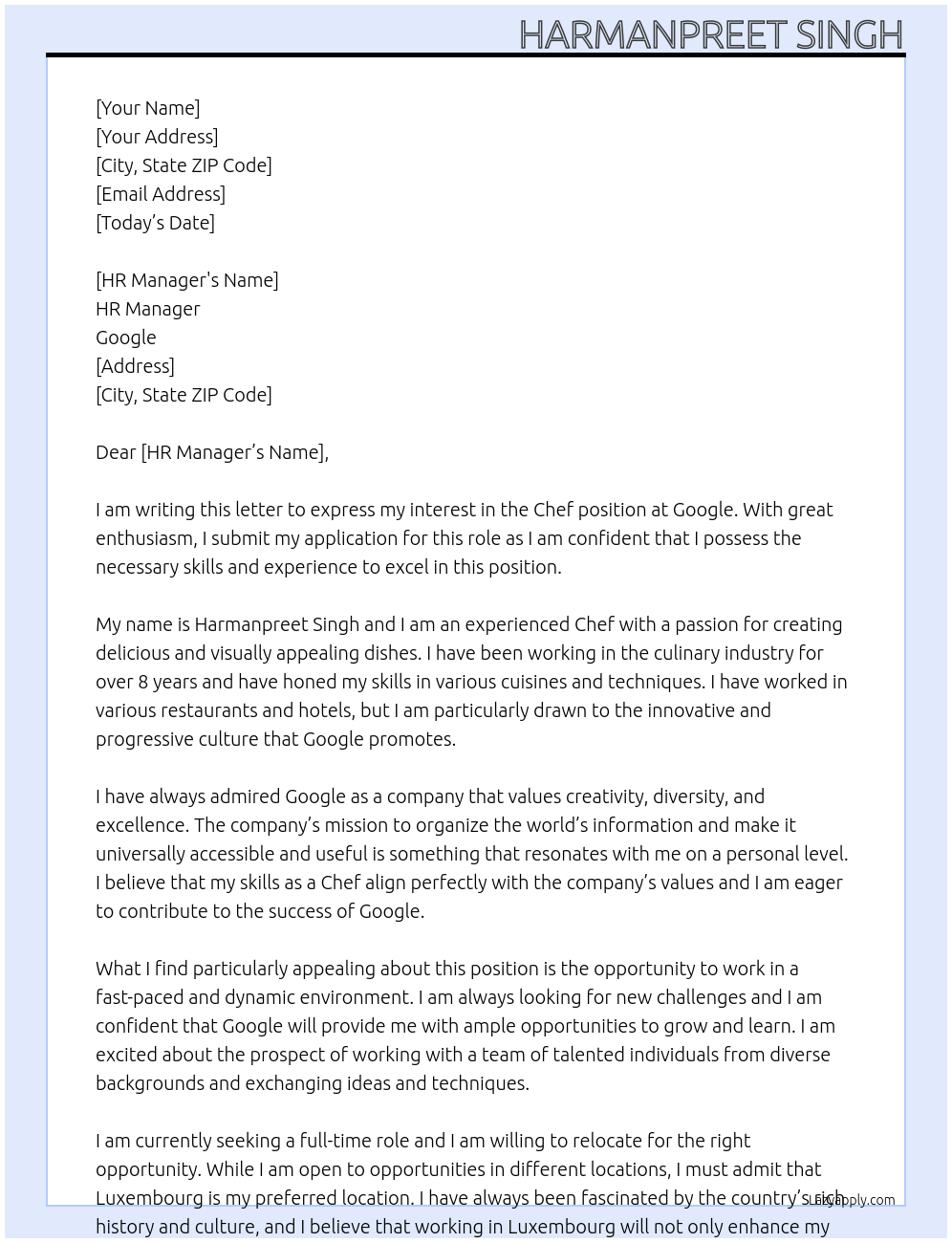 Chef At Google Cover Letter
