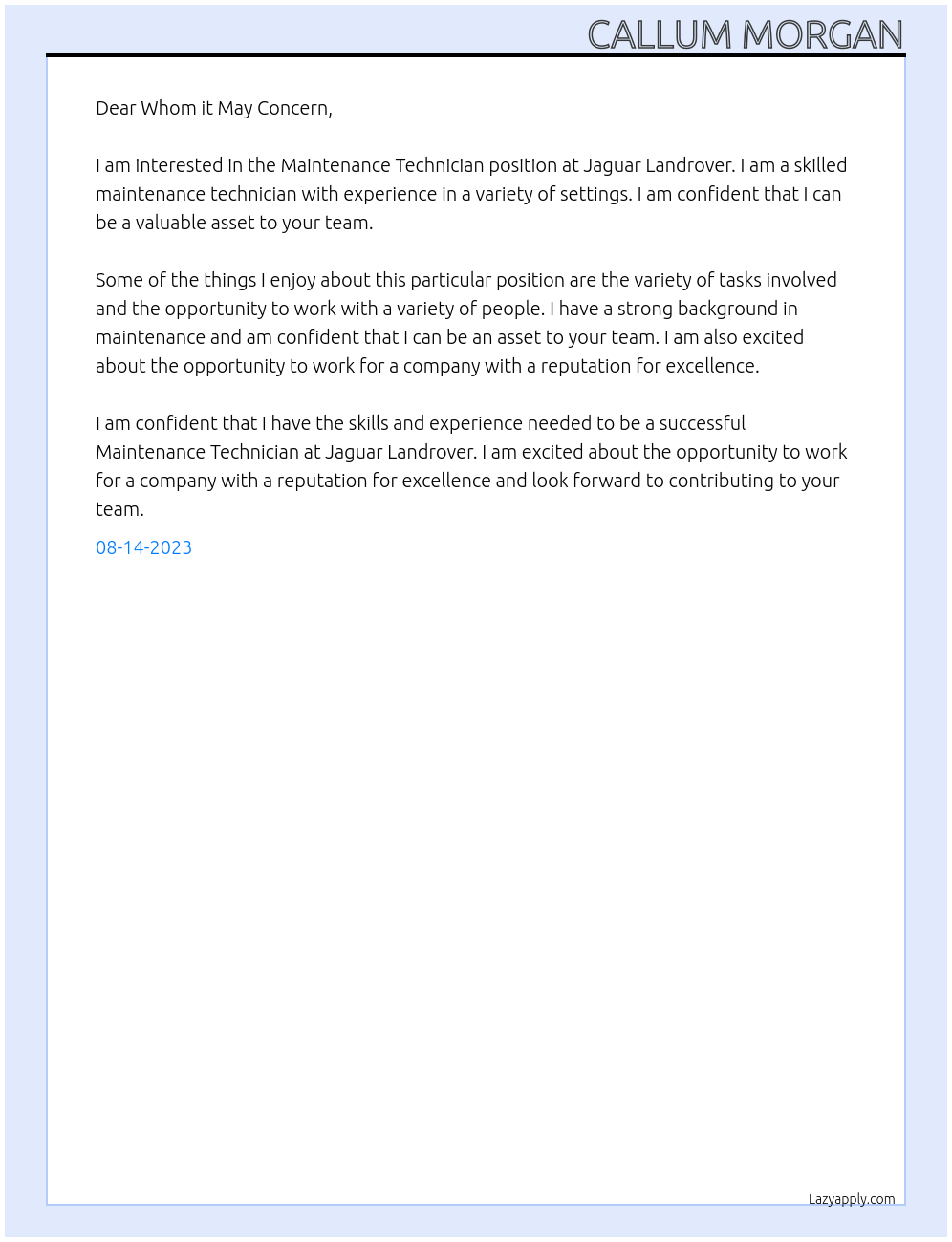 Maintenance Technician At Jaguar Landrover Cover Letter