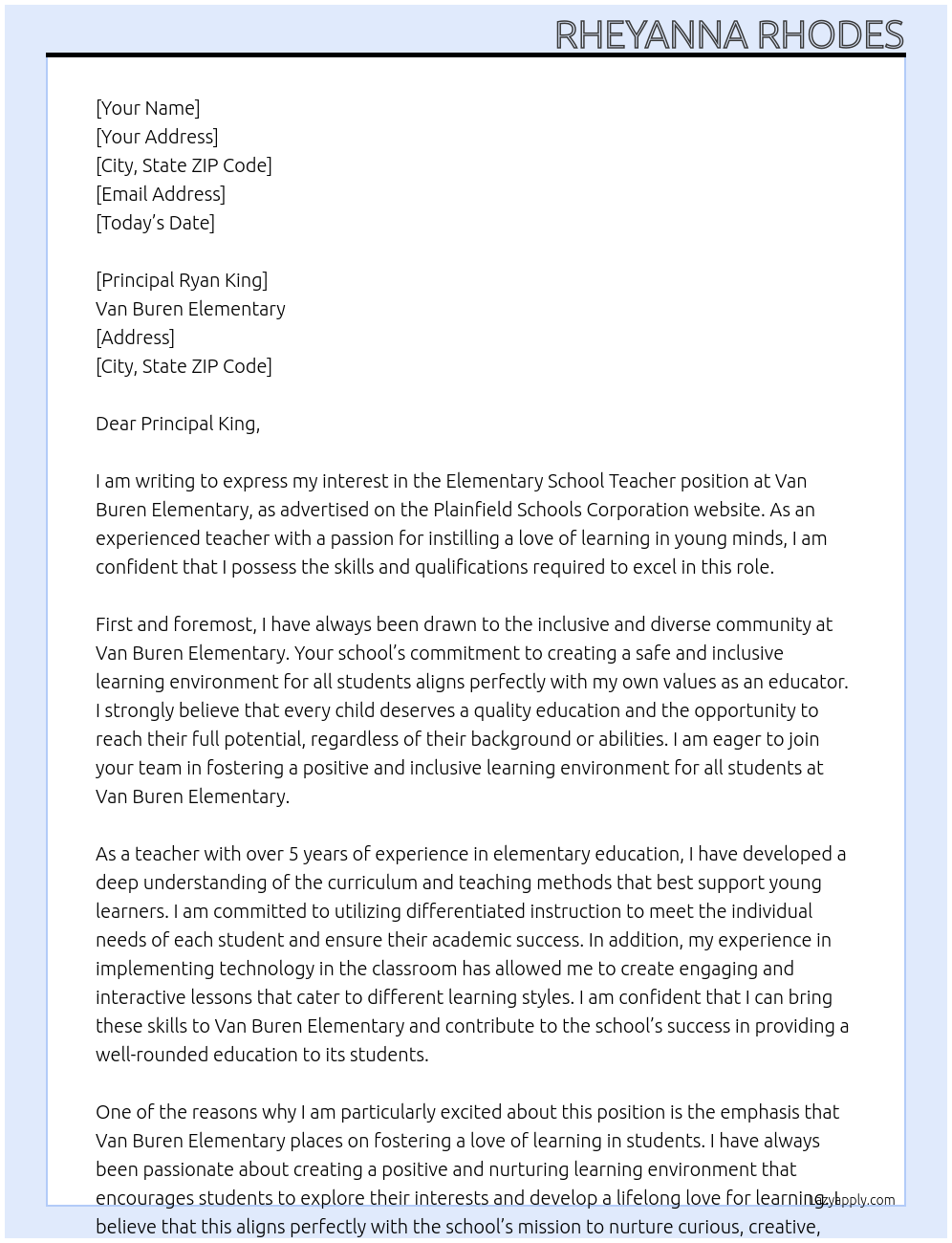 Elementary school teacher At Plainfield schools corporation Cover Letter