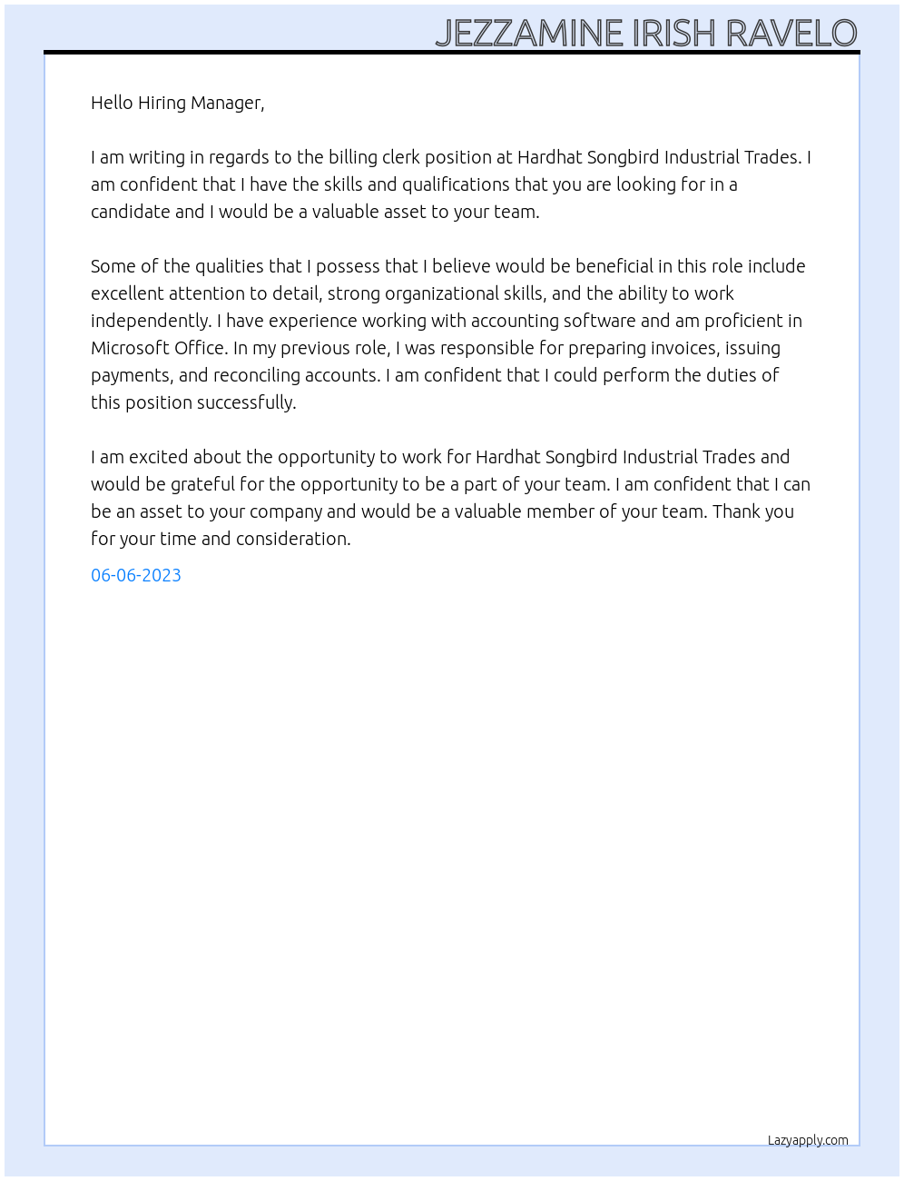 billing clerk At Hardhat Songbird Industrial Trades Cover Letter