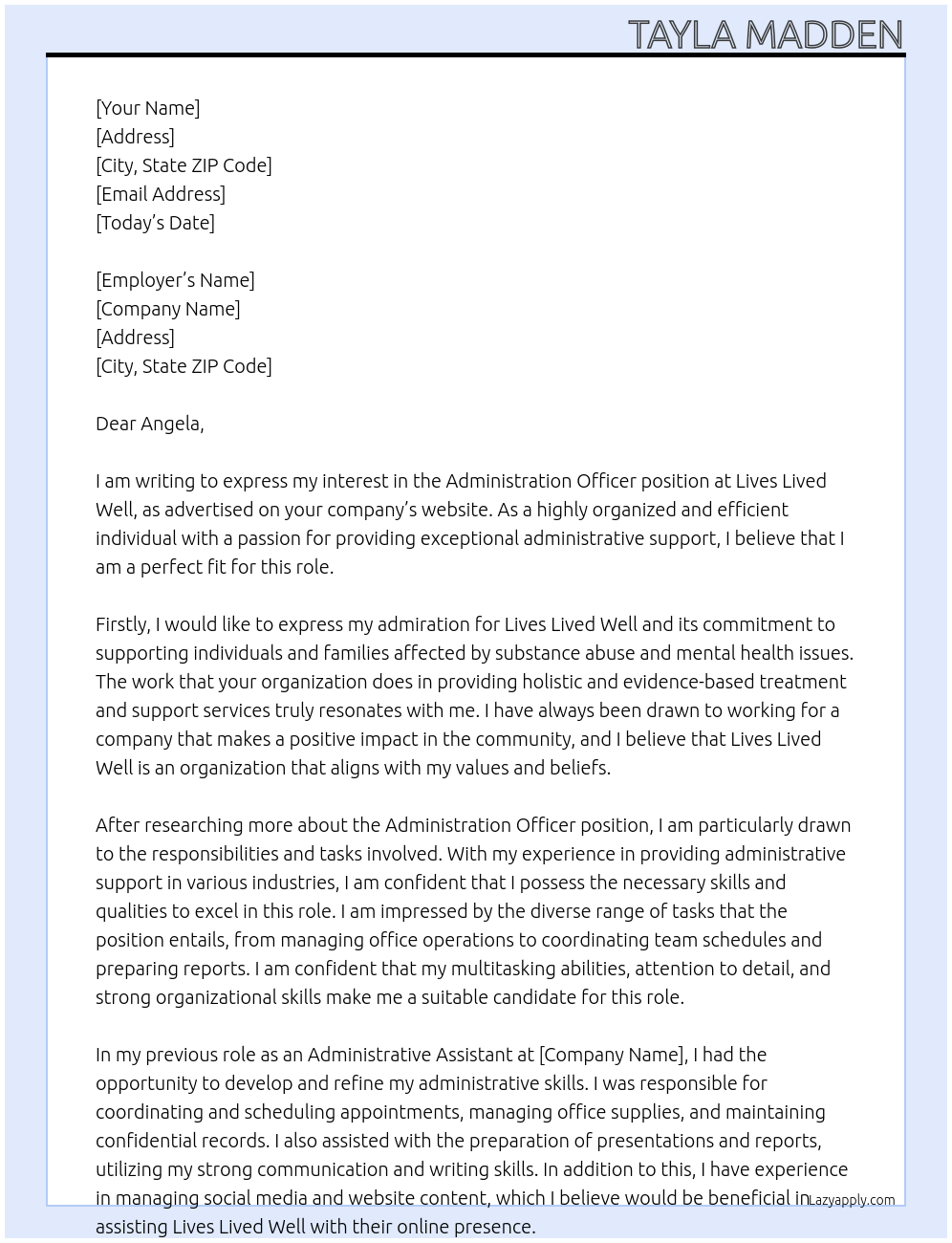 Administration Officer At Lives lived well Cover Letter