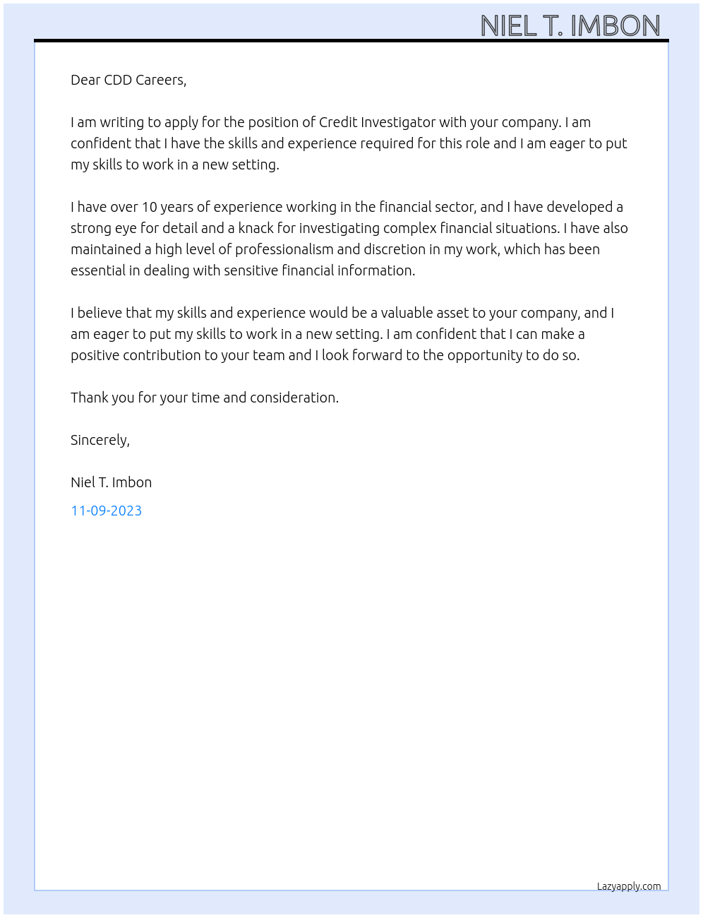 Credit investigator At CDD Careers  Cover Letter