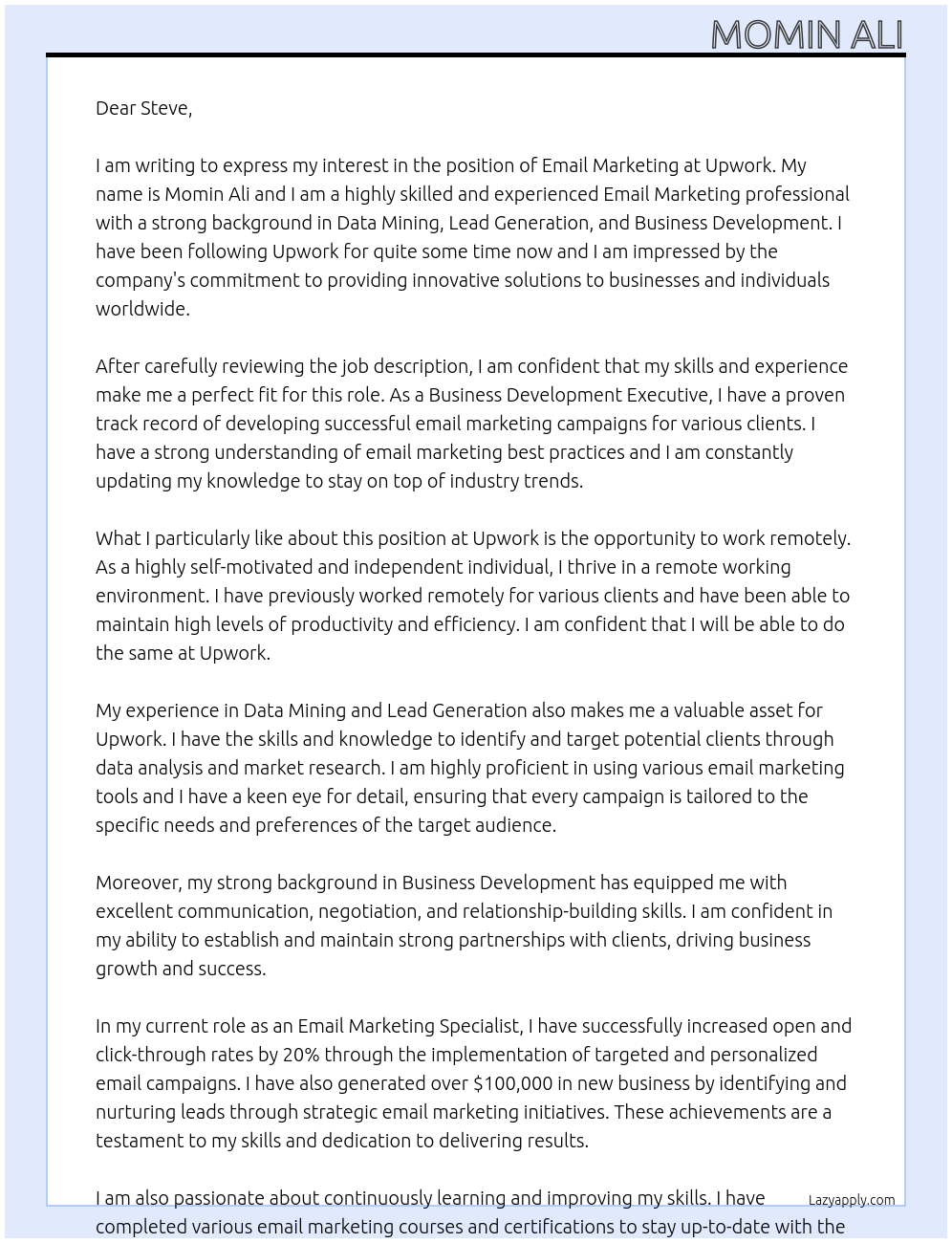 Cover letter for email marketing - LazyApply