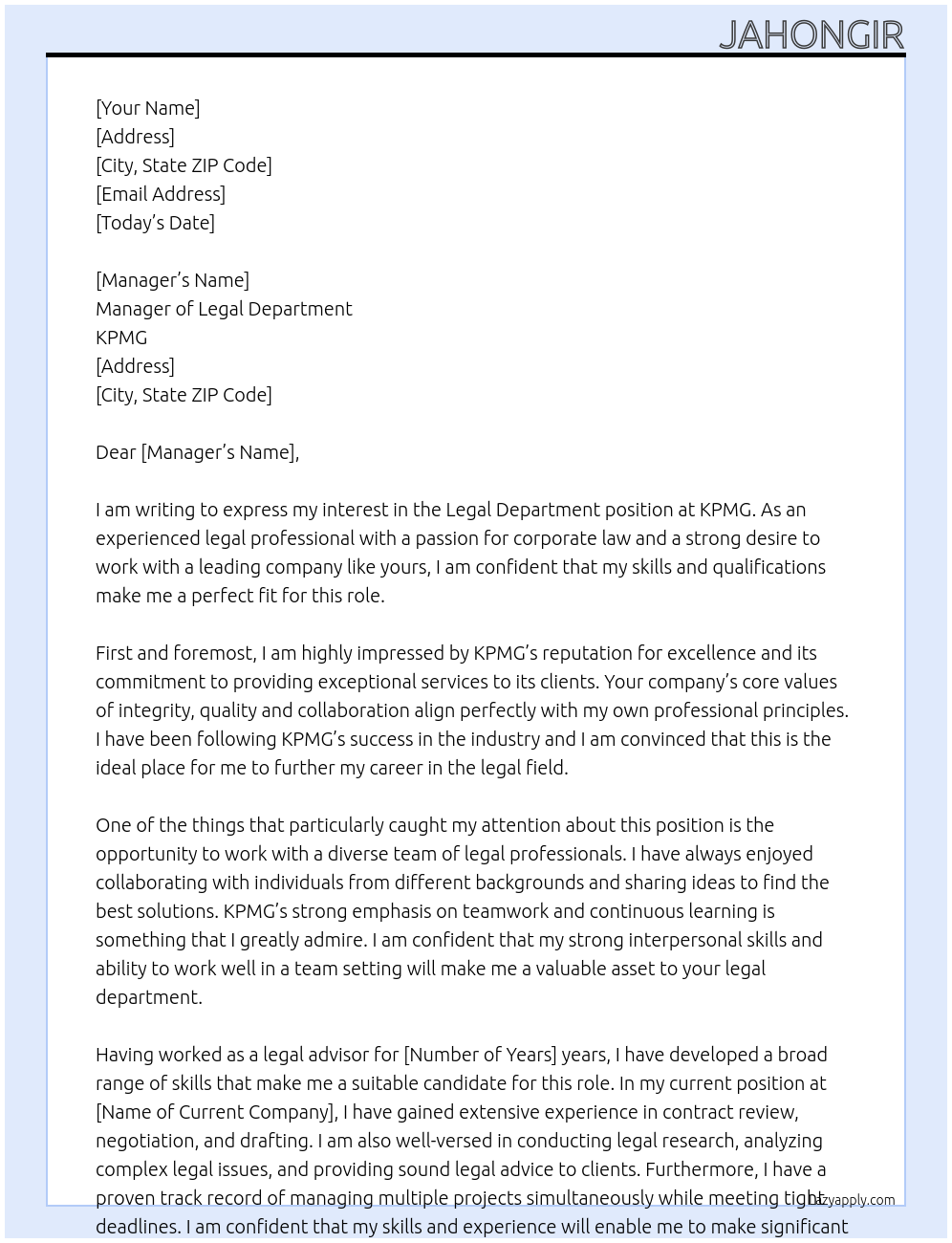 Legal department At KPMG Cover Letter