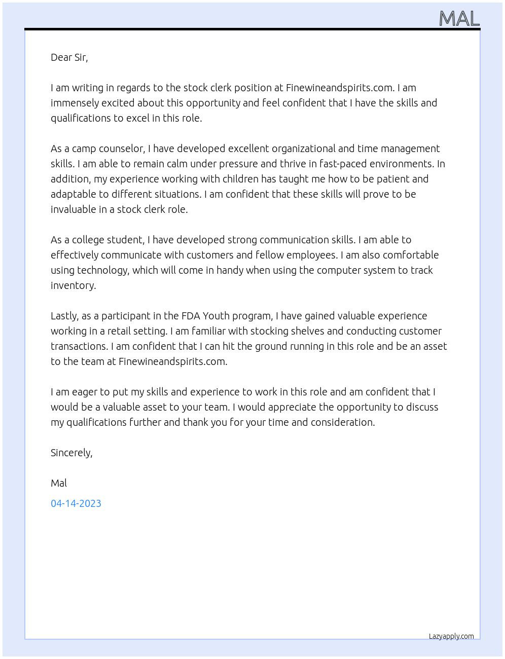 stock clerk At Finewineandspirits.com Cover Letter