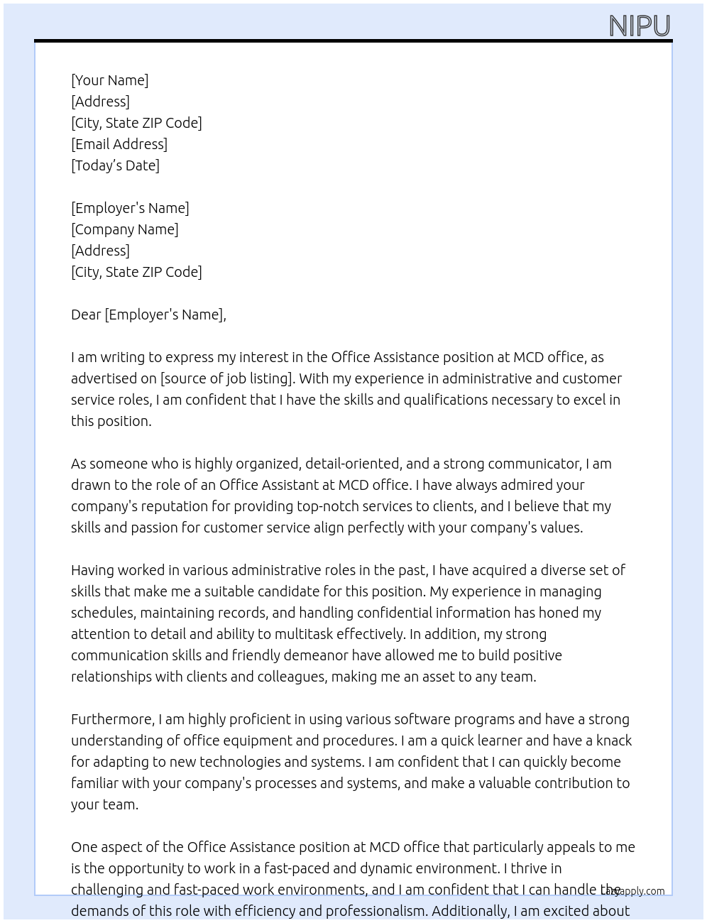 office assistance At MCD office Cover Letter