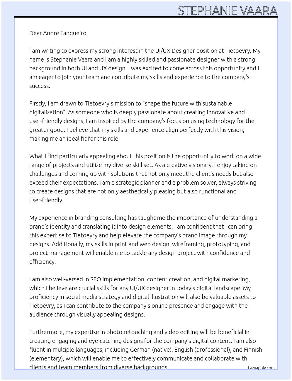 UI/UX Designer At Tietoevry Cover Letter