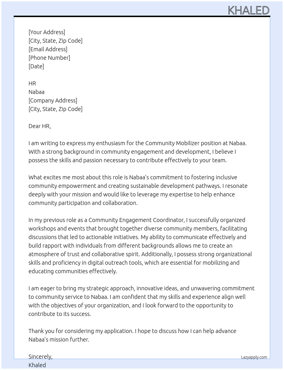 Community Mobilizer At Nabaa Cover Letter