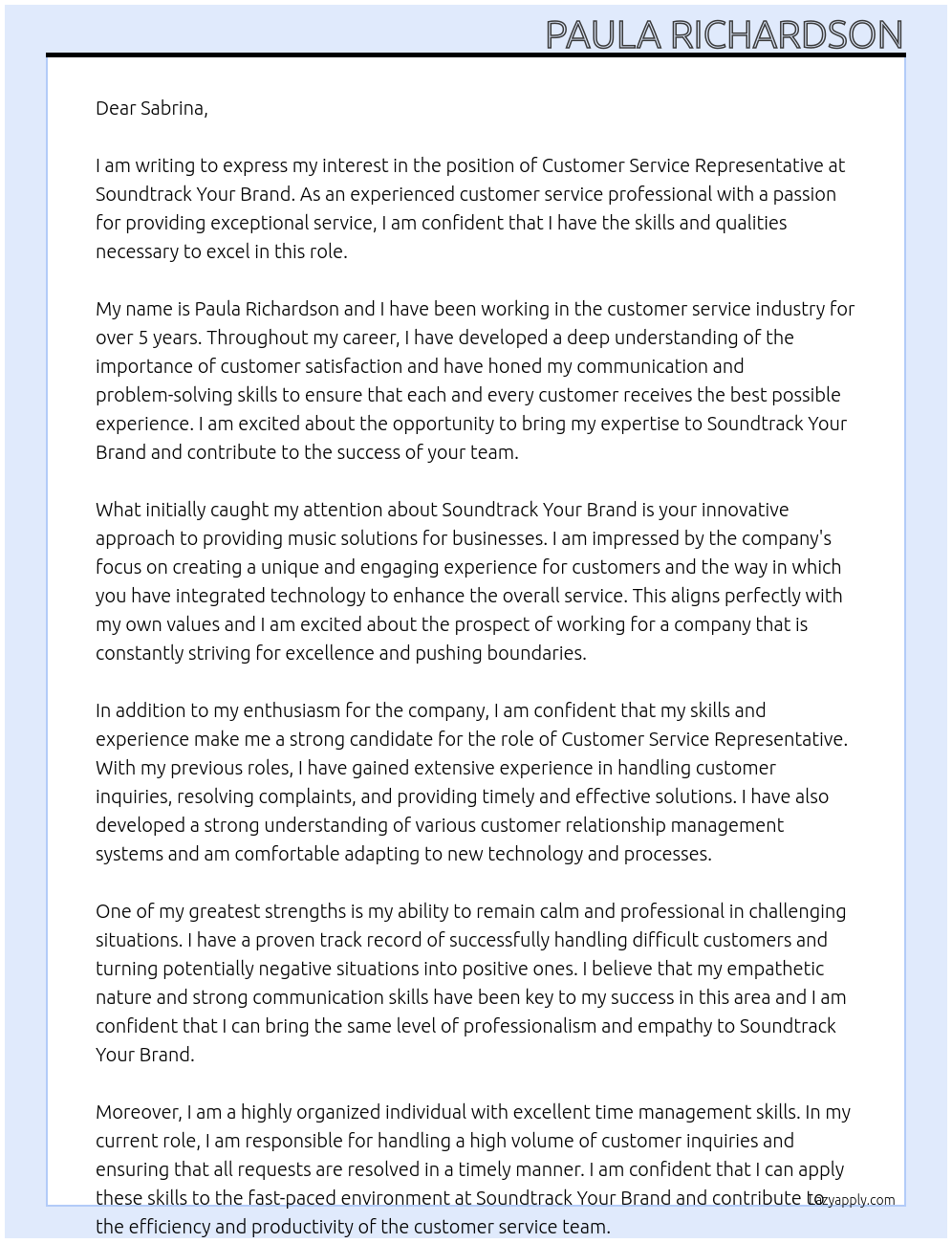 customer service representive At Soundtrack your brand Cover Letter