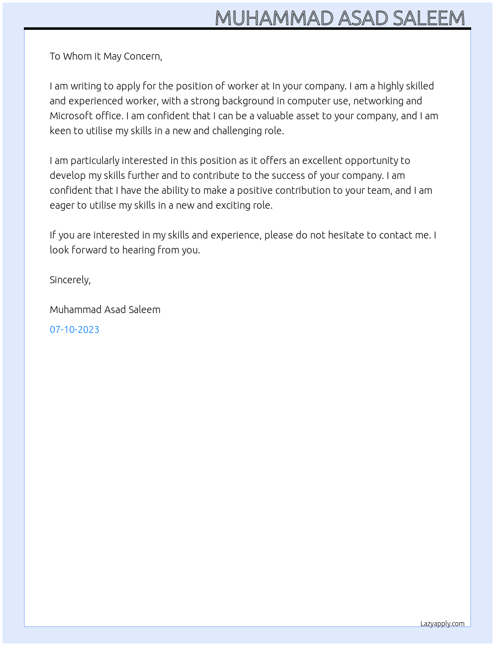 Worker At In your Cover Letter