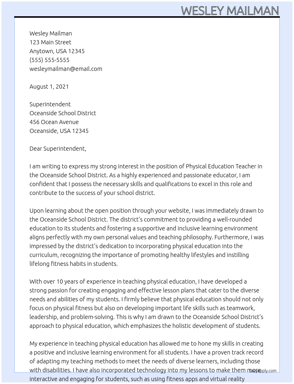 Physical Education Teacher At Oceanside School District Cover Letter