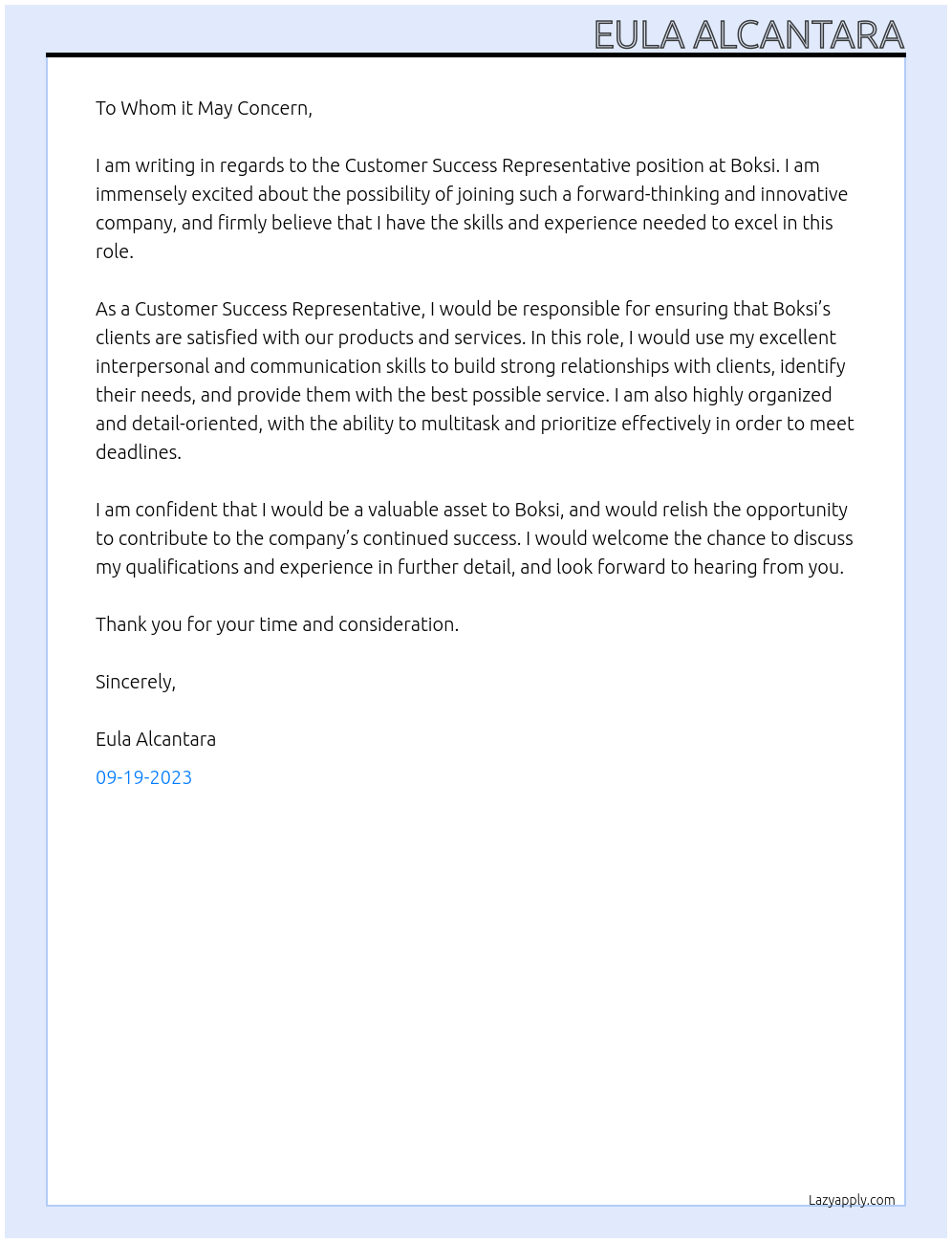 Customer Success Representative At Boksi Cover Letter