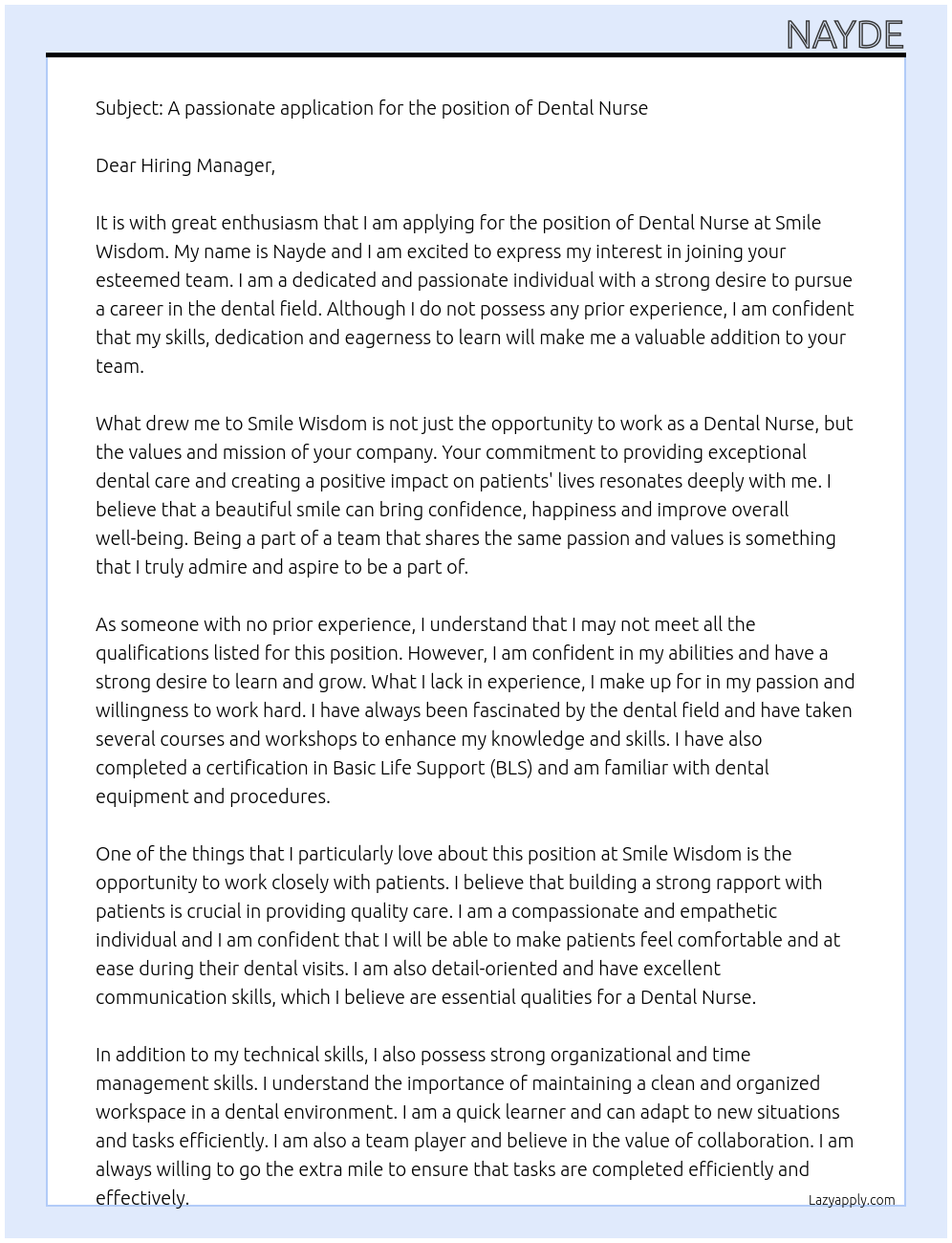 Dental Nurse At Smile widsom Cover Letter