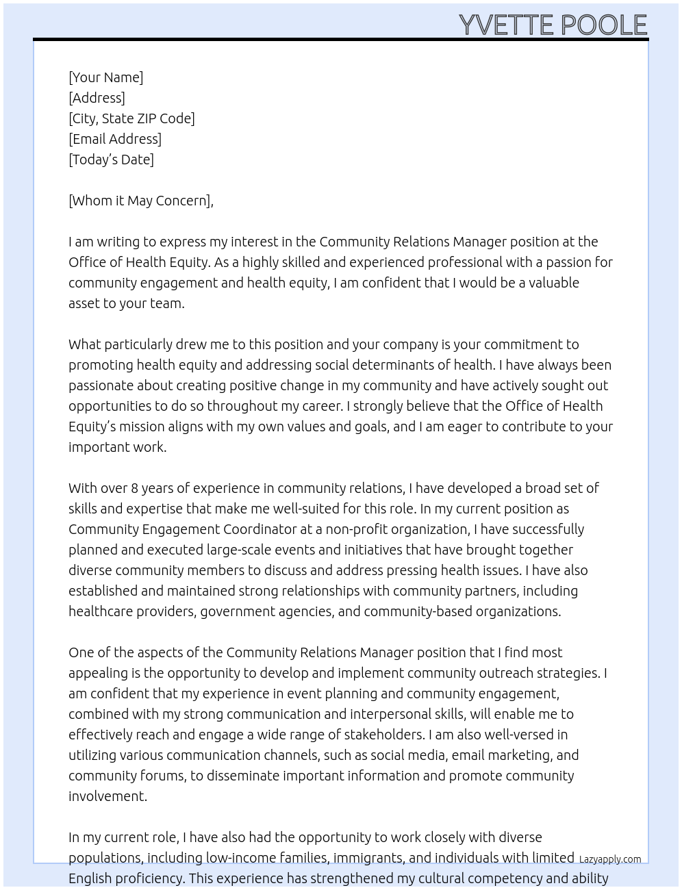 Community Relations Manager At Office of Health Equity Cover Letter