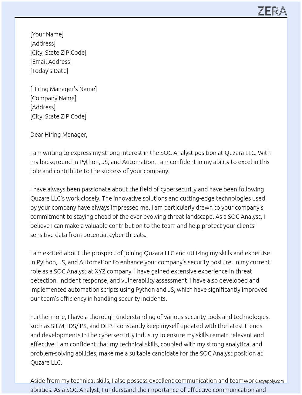 SOC Analyst At Quzara LLC Cover Letter