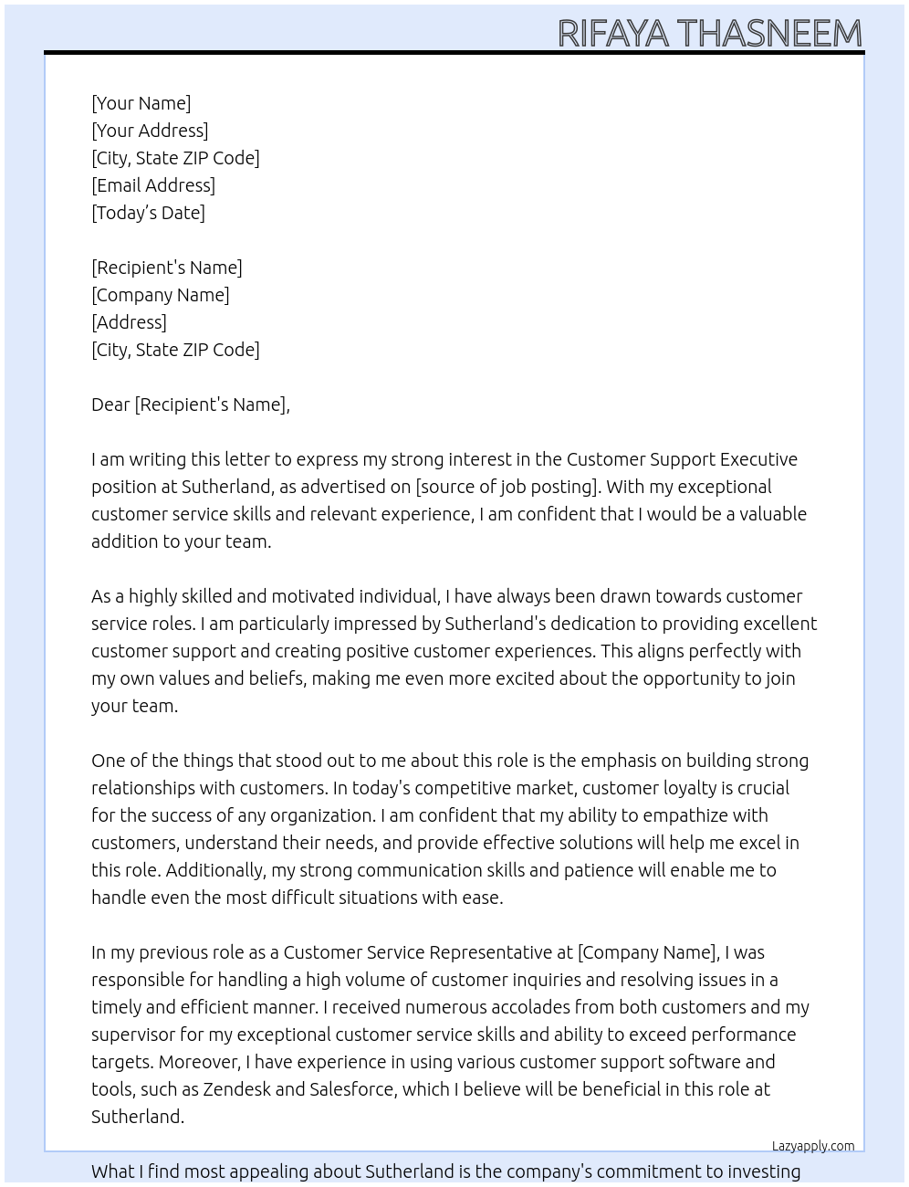 customer support executive At Sutherland Cover Letter