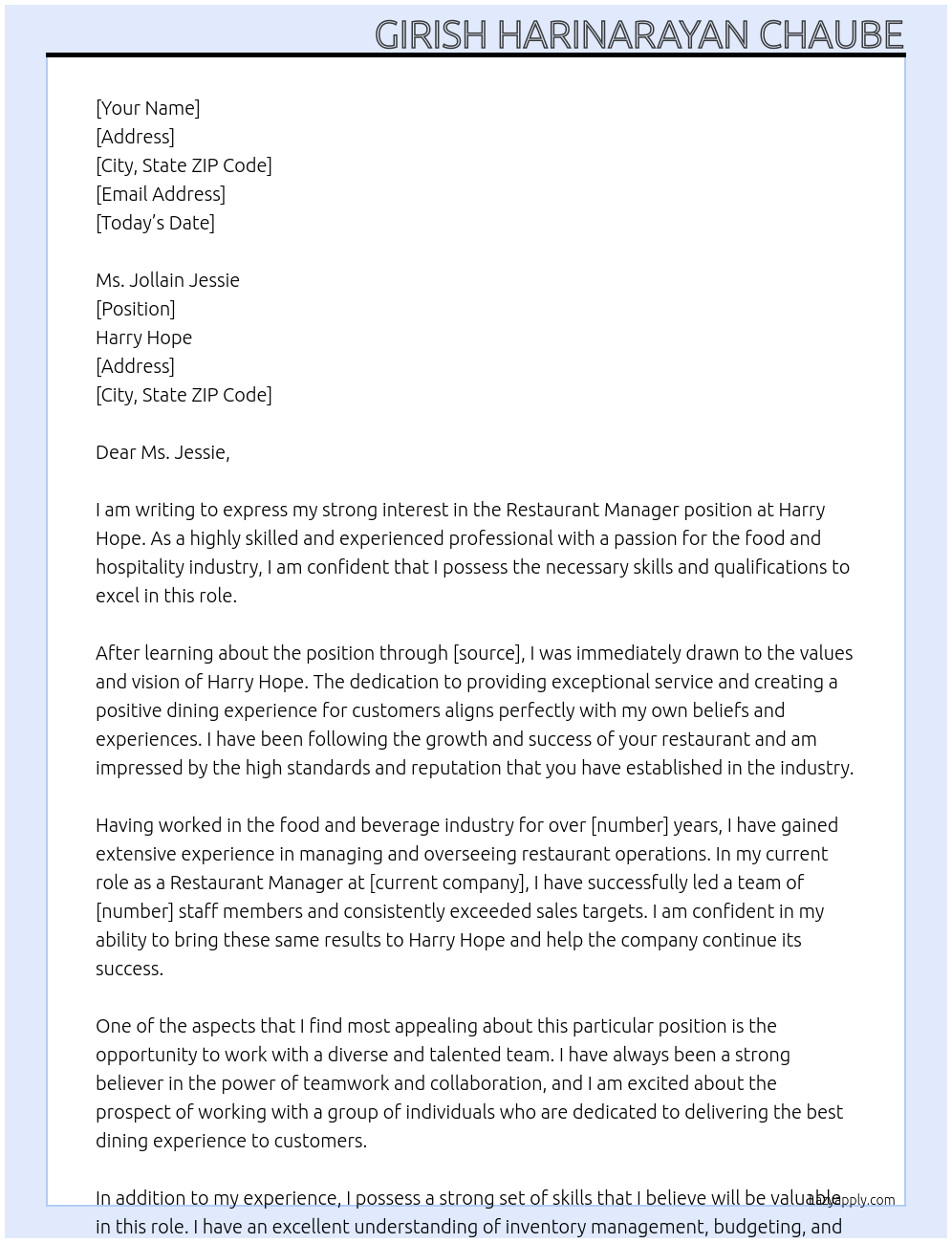 RESTAURANT MANAGER At HARRY HOPE Cover Letter