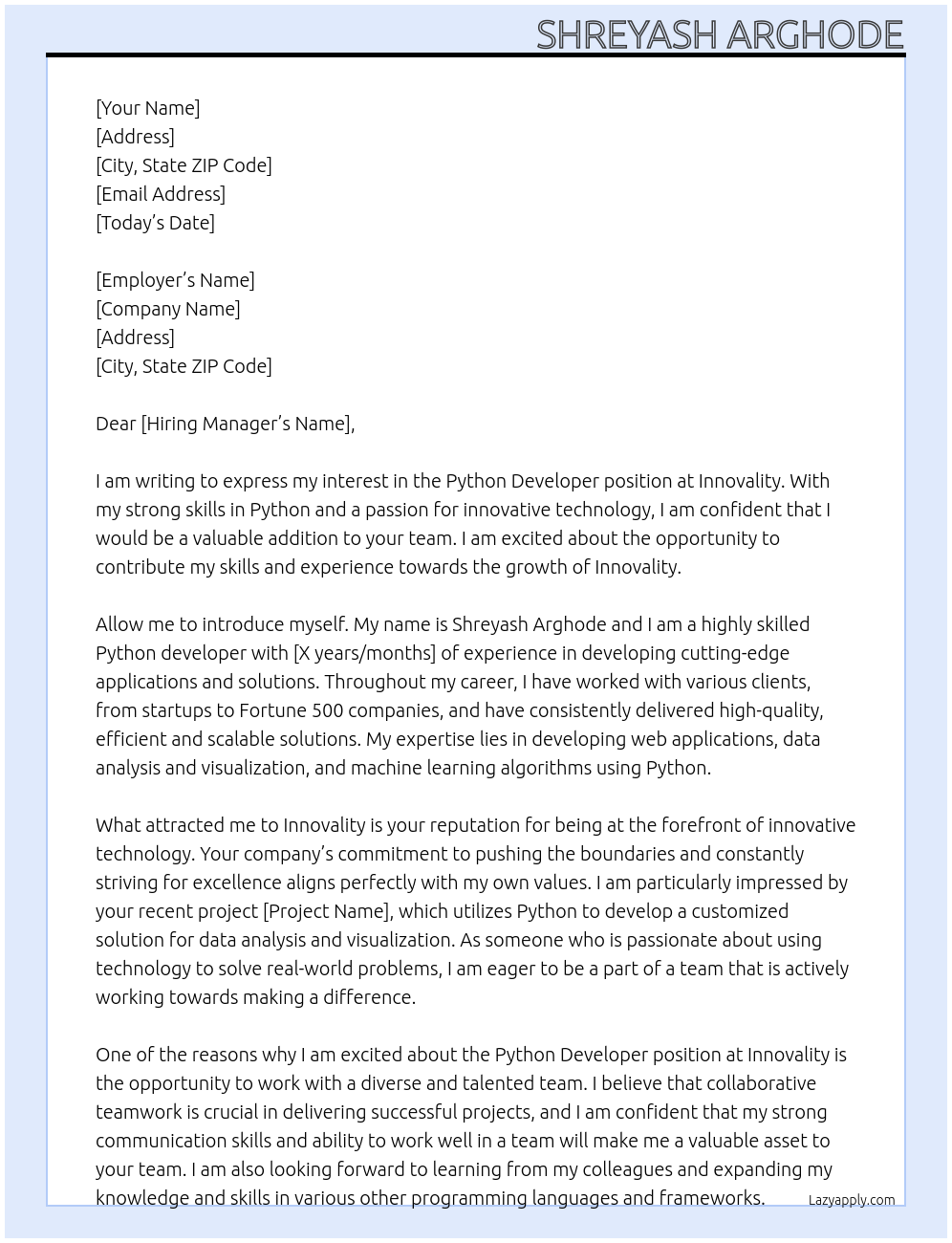 python developer At innovality Cover Letter