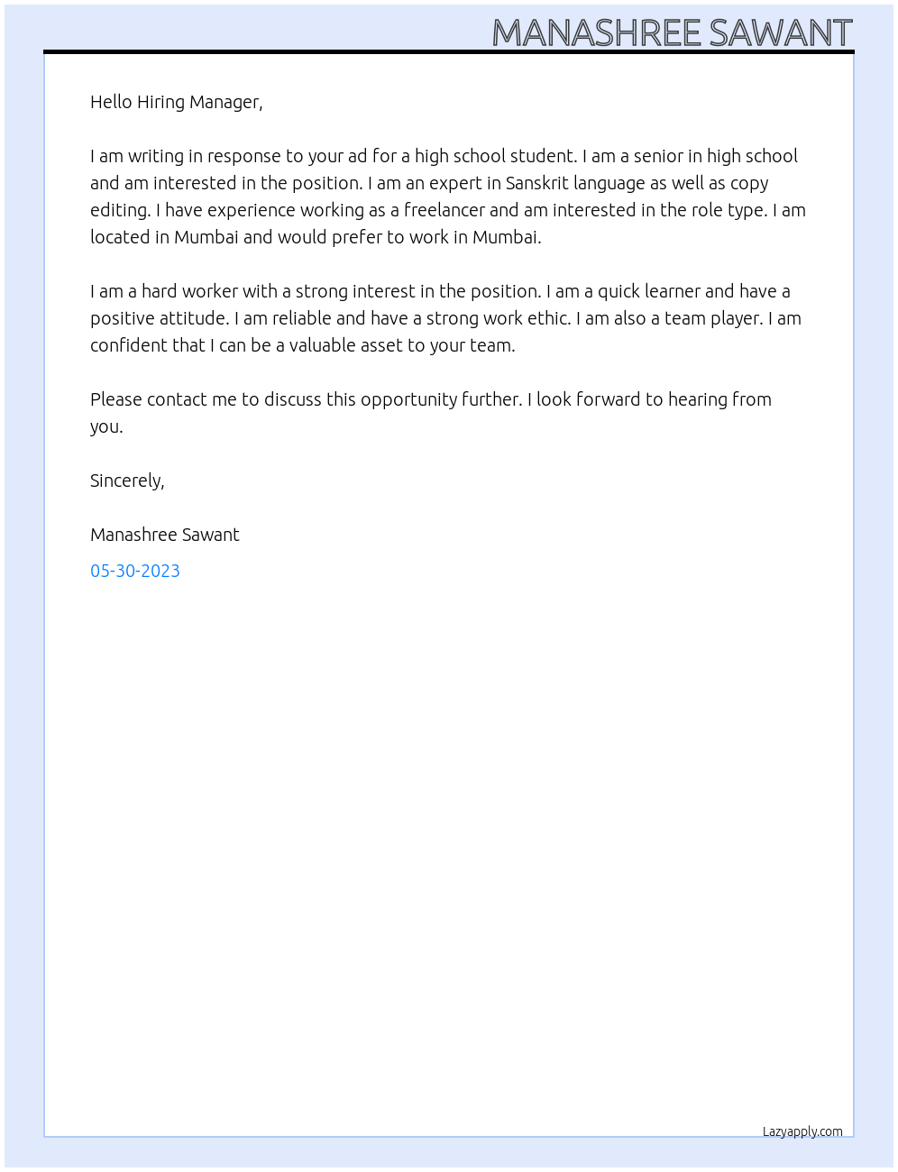 High school student At Null  Cover Letter