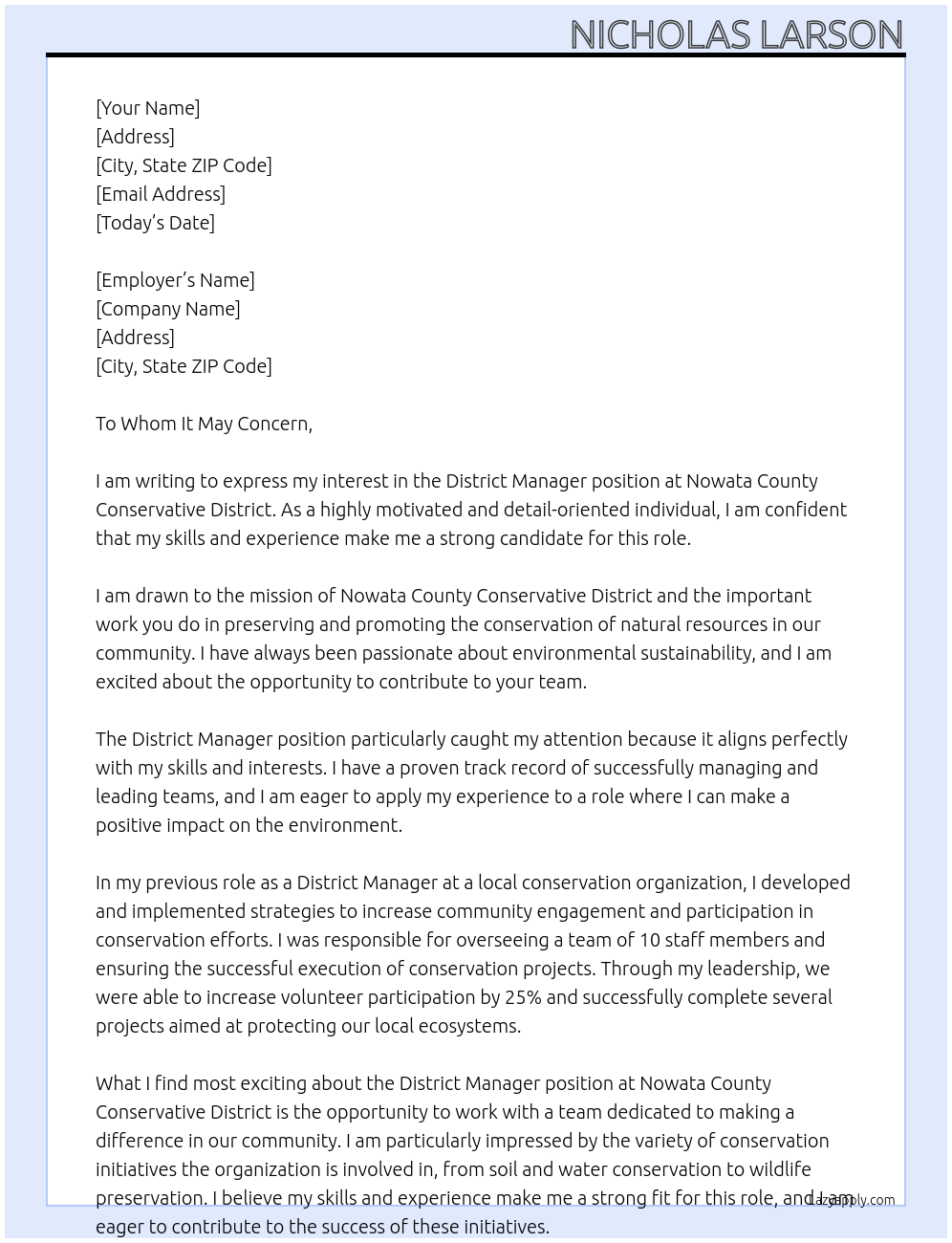 District Manager At Nowata County Conservative District Cover Letter