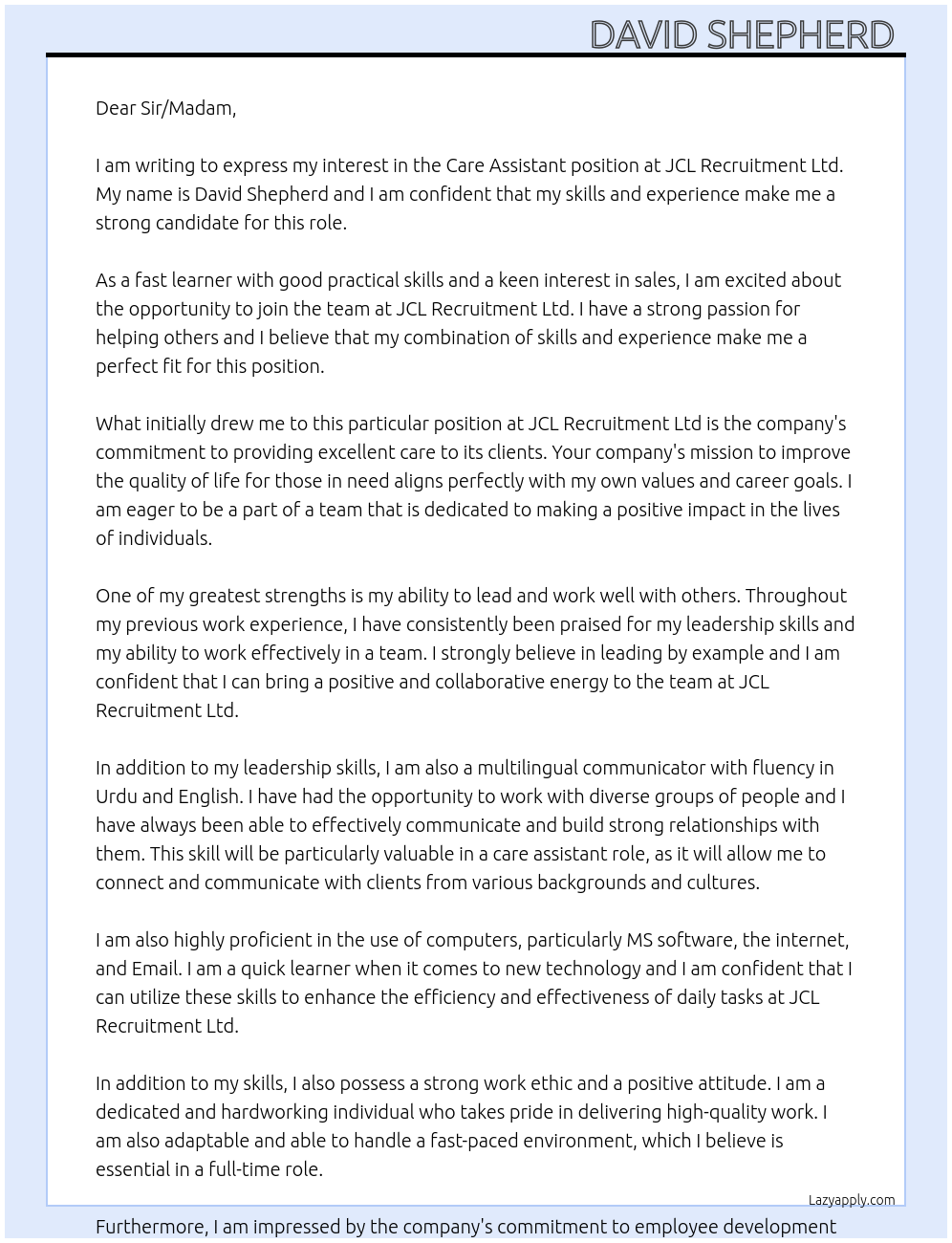 Care assistant  At JCL Recruitment Ltd Cover Letter