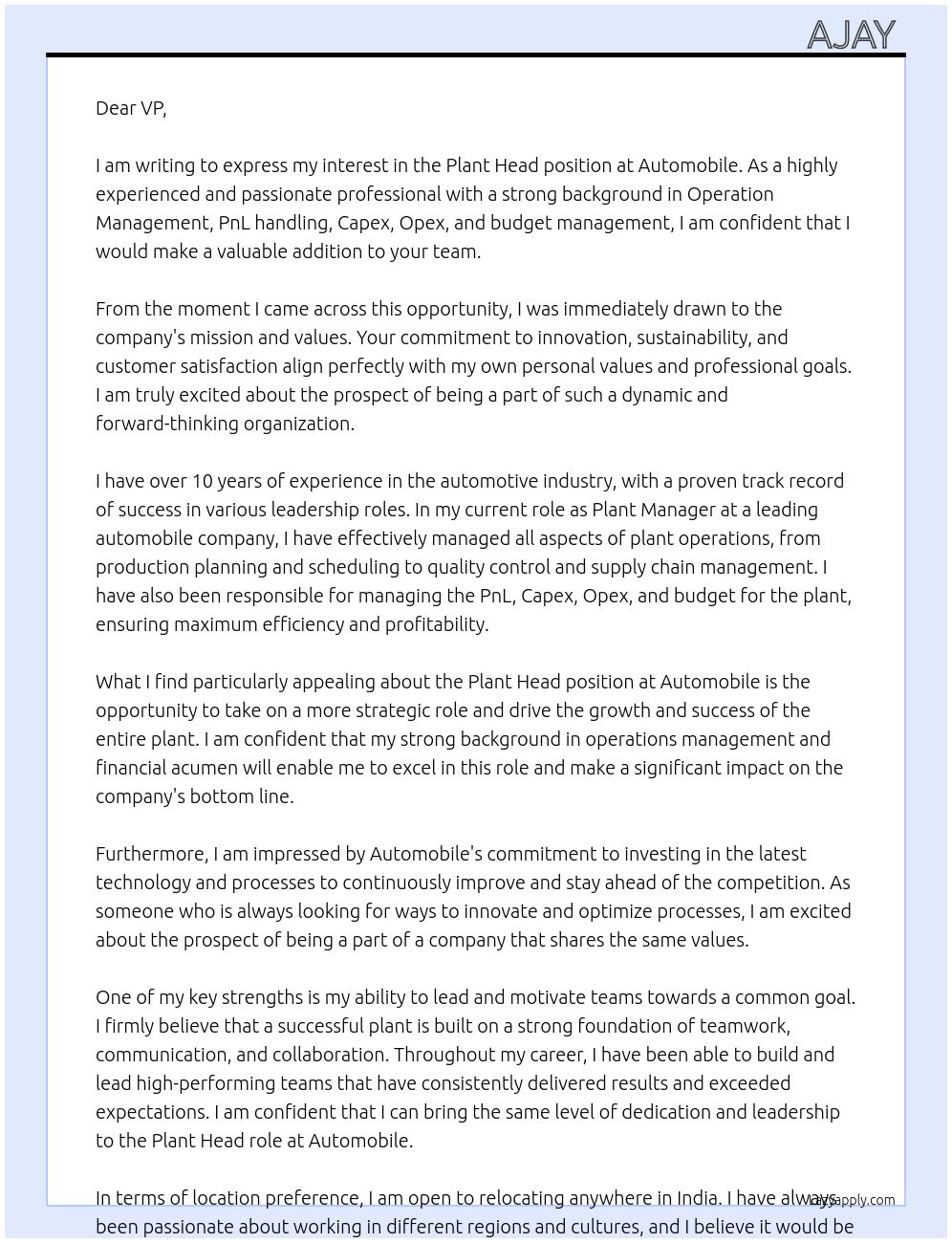 Plant Head  At Automobile Cover Letter