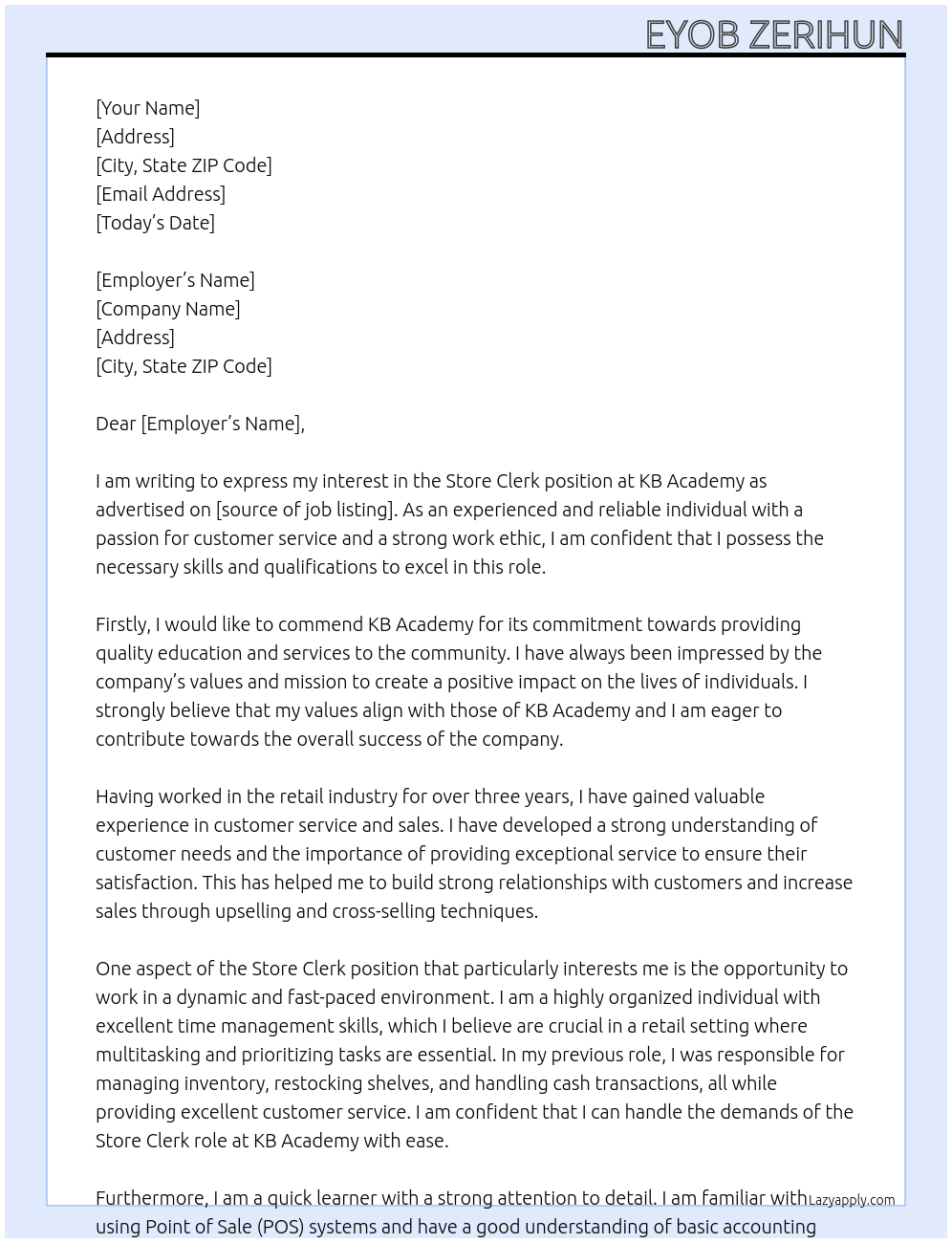 Store Clerk At KB Academy Cover Letter