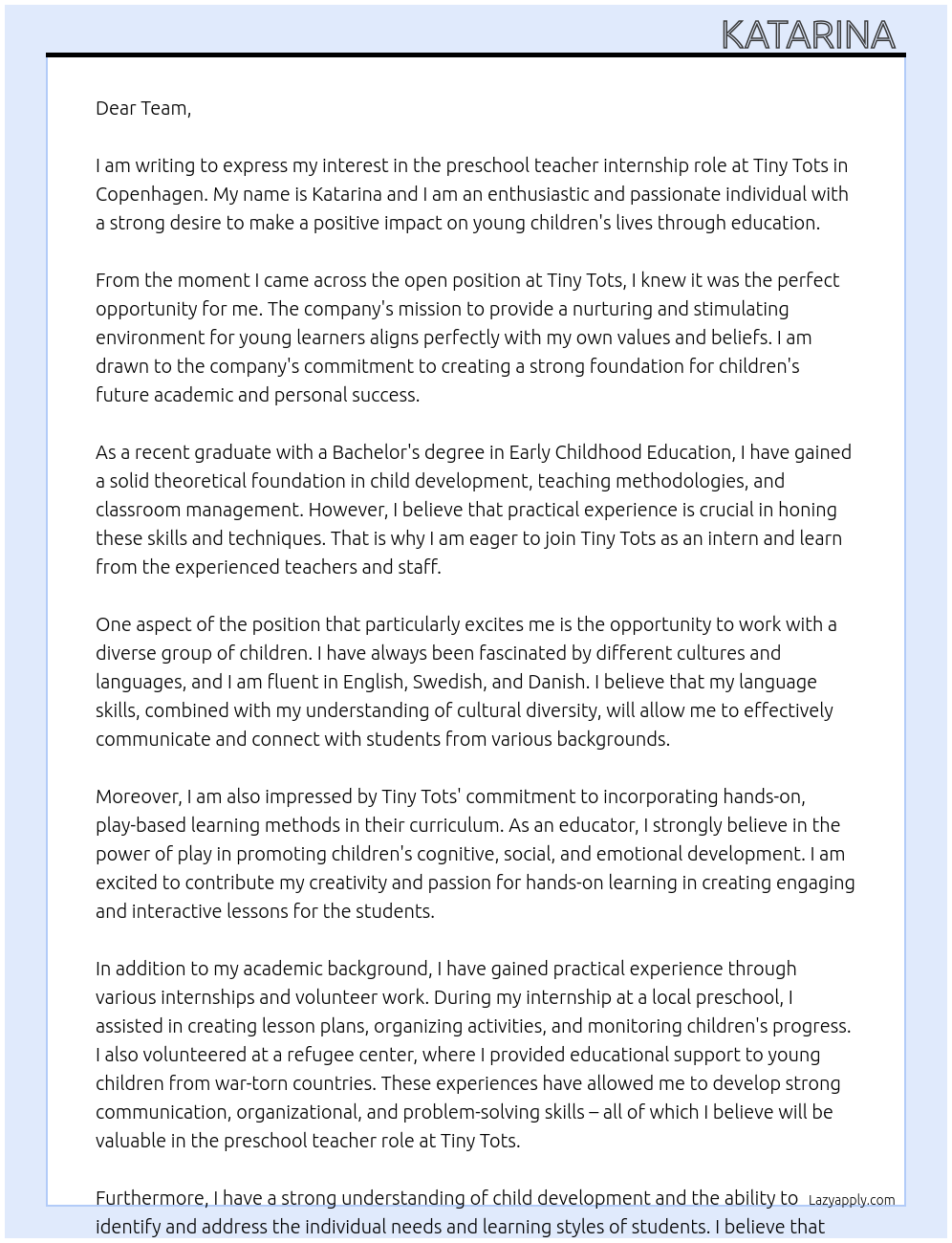 preschool teacher At Tiny Tots Cover Letter