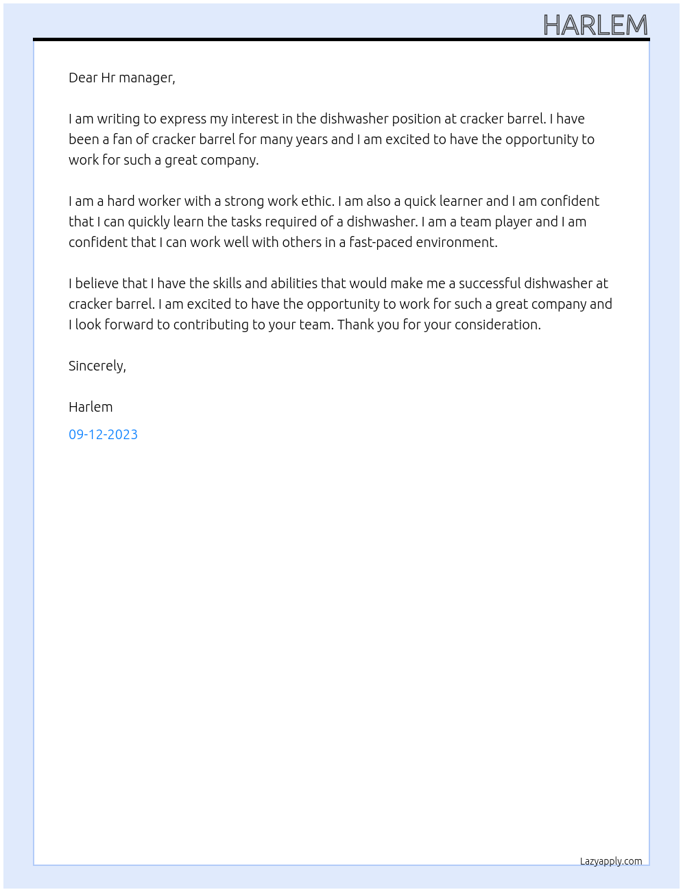 dishwasher At cracker barrel Cover Letter