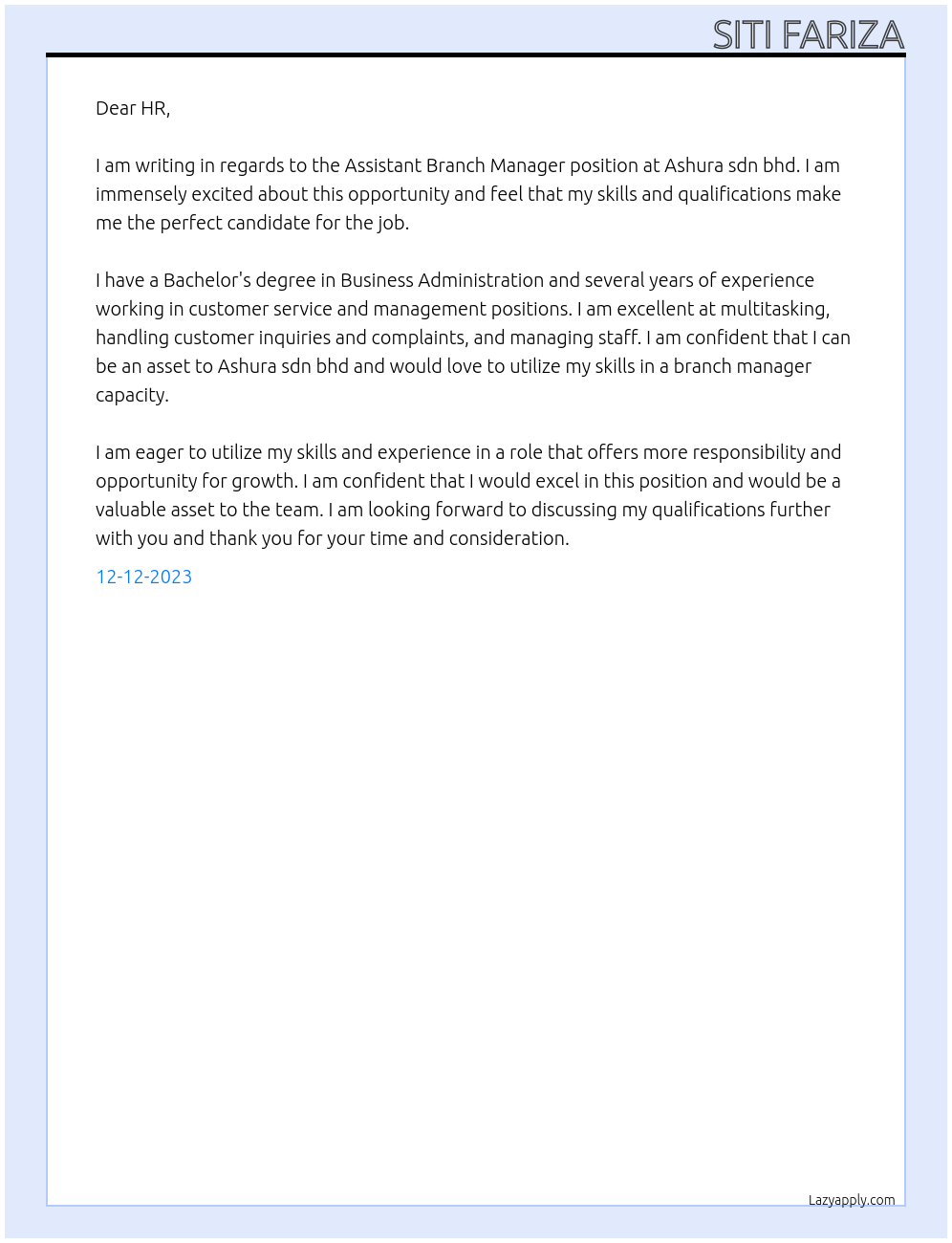 Assistant Branch Manager At Ashura sdn bhd Cover Letter