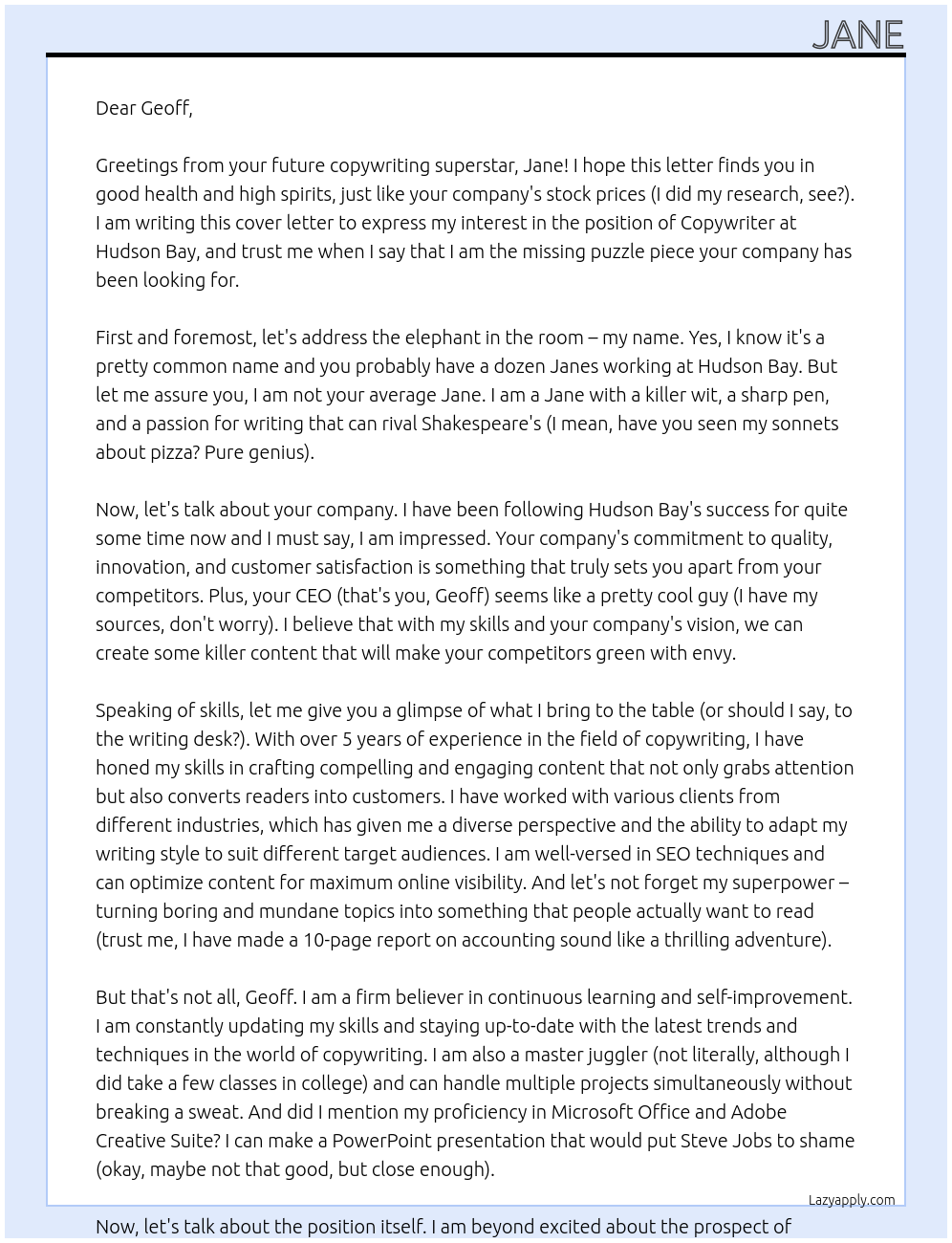 copywriter At hudson bay Cover Letter