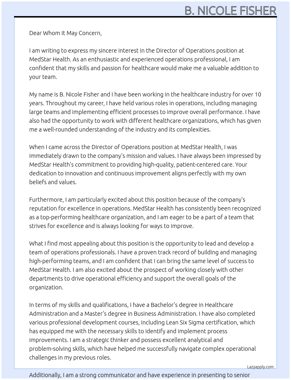 Director Operations At MedStar Health Cover Letter