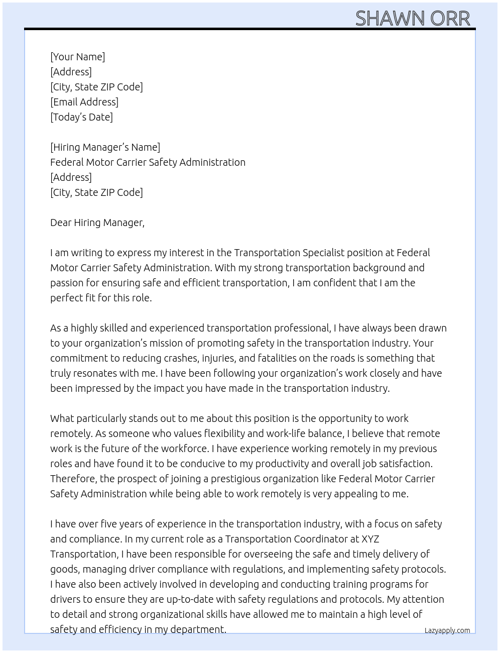 Transportation Specialist At Federal Motor Carrier Safety Administration Cover Letter