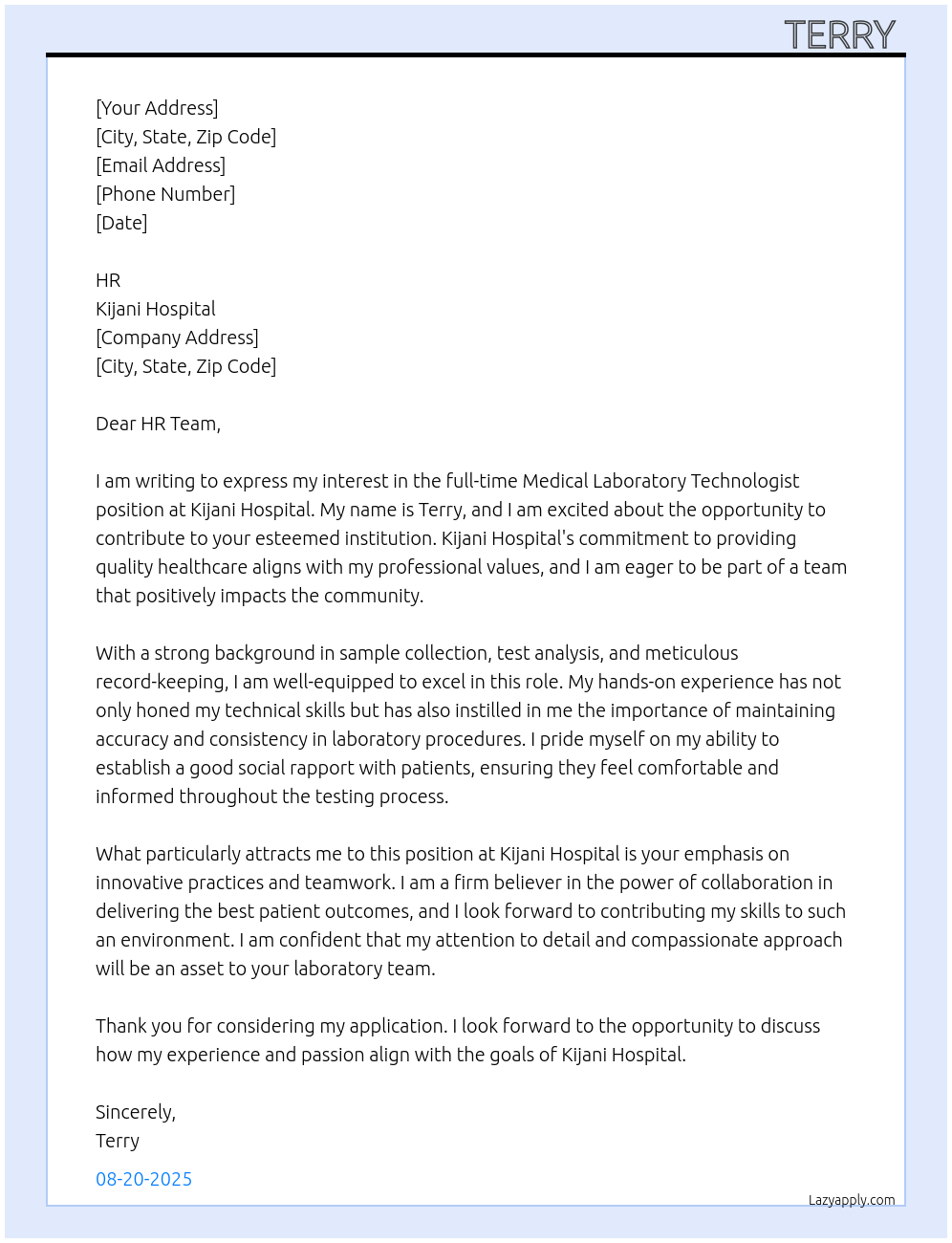 Medical laboratory technologist At Kijani Hospital Cover Letter