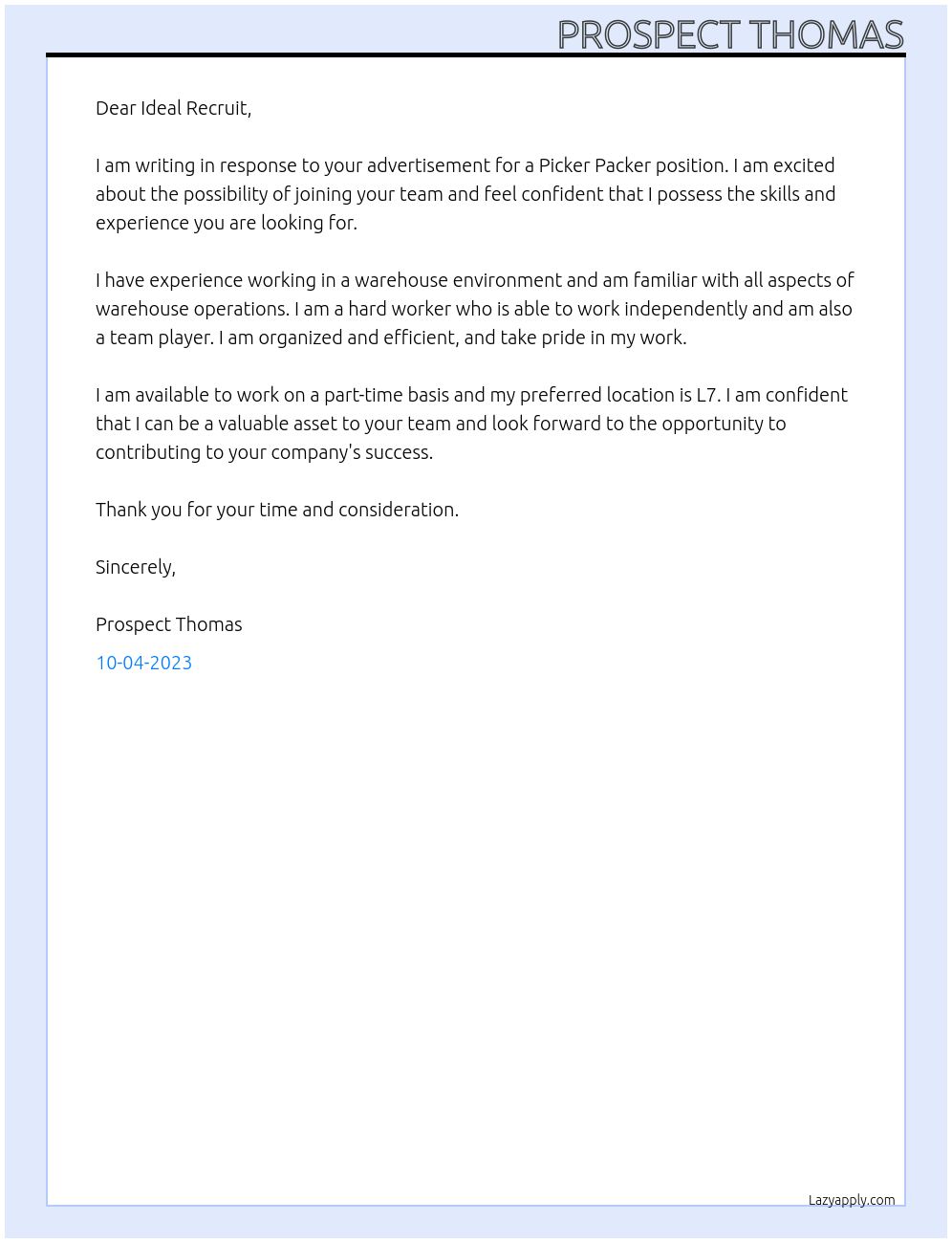 Picker Packer At Ideal recruit Cover Letter